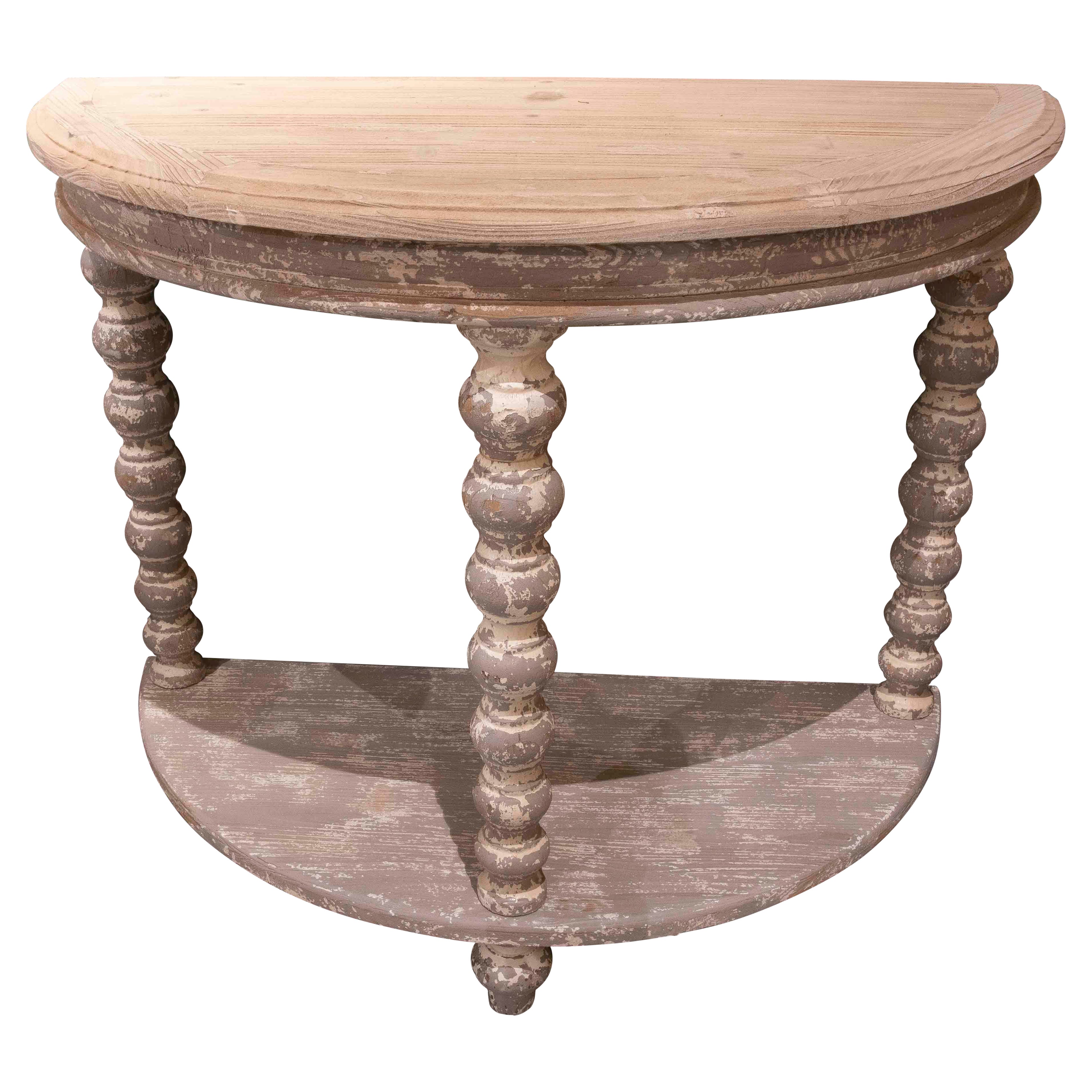 Mesa consola semicircular antigua con acabado envejecido en venta