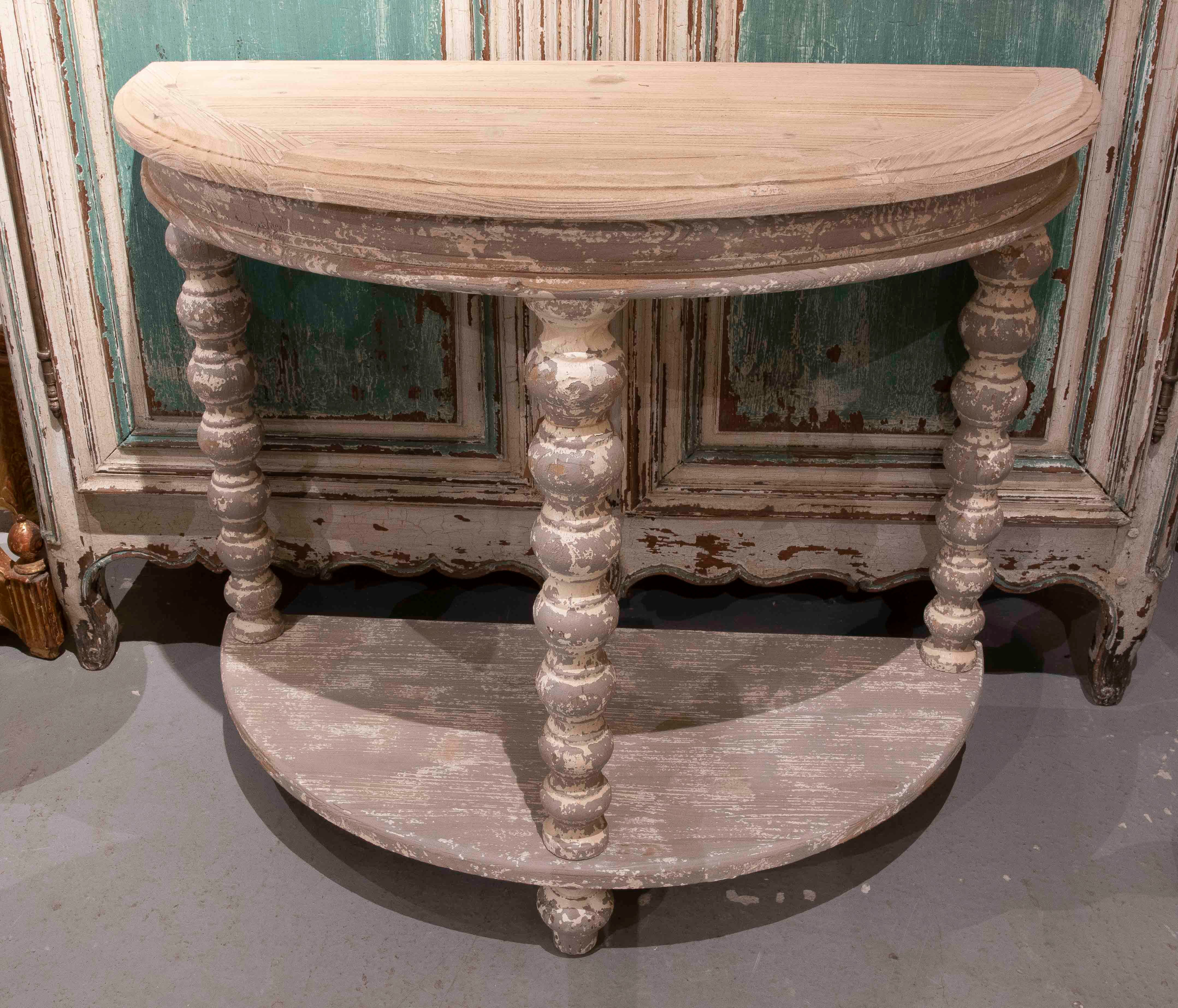 Antique Semicircular Console Table with a Distressed Finish For Sale