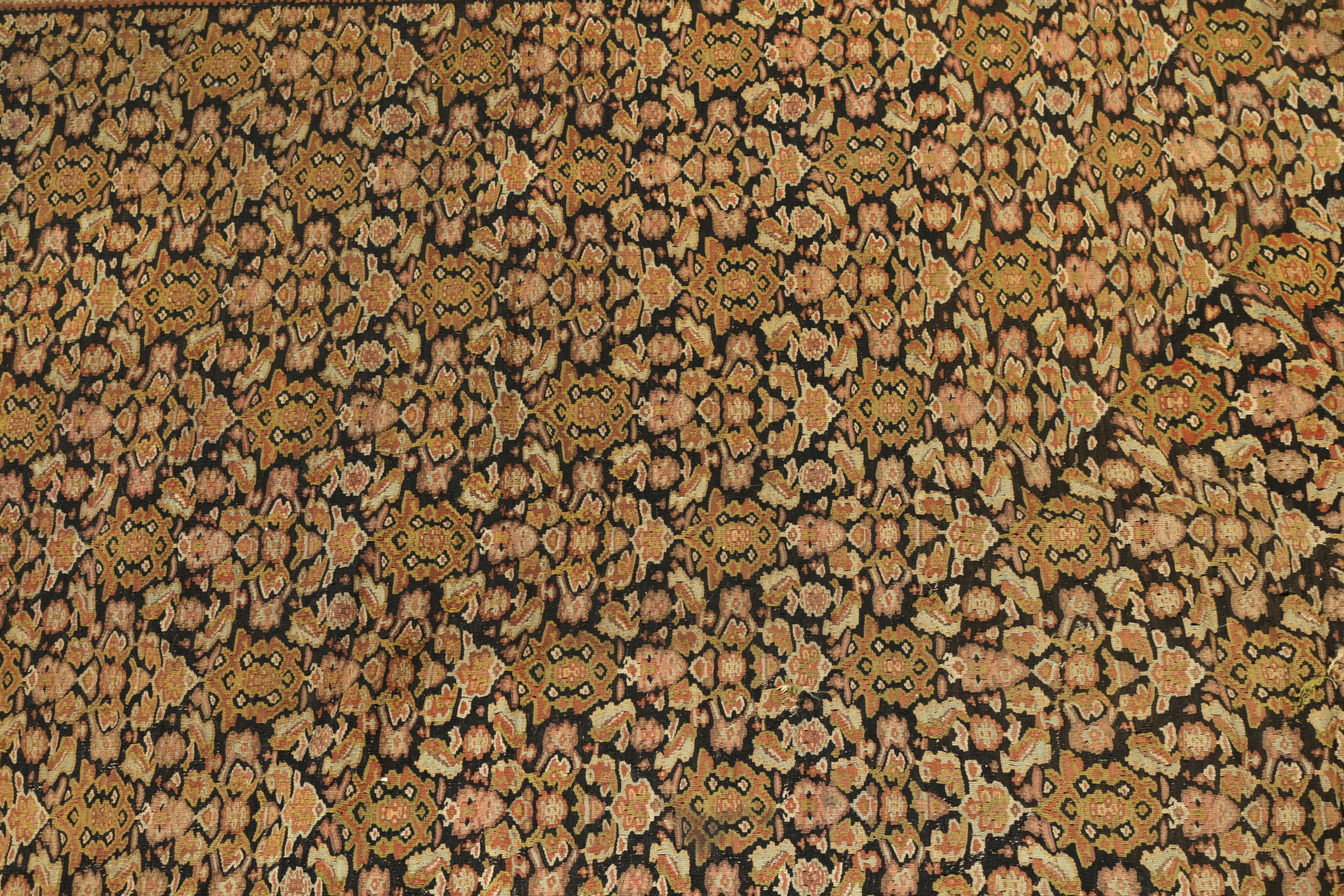 Persian Antique Senneh Kilim Beige Brown Gold Geometric All-over Pattern