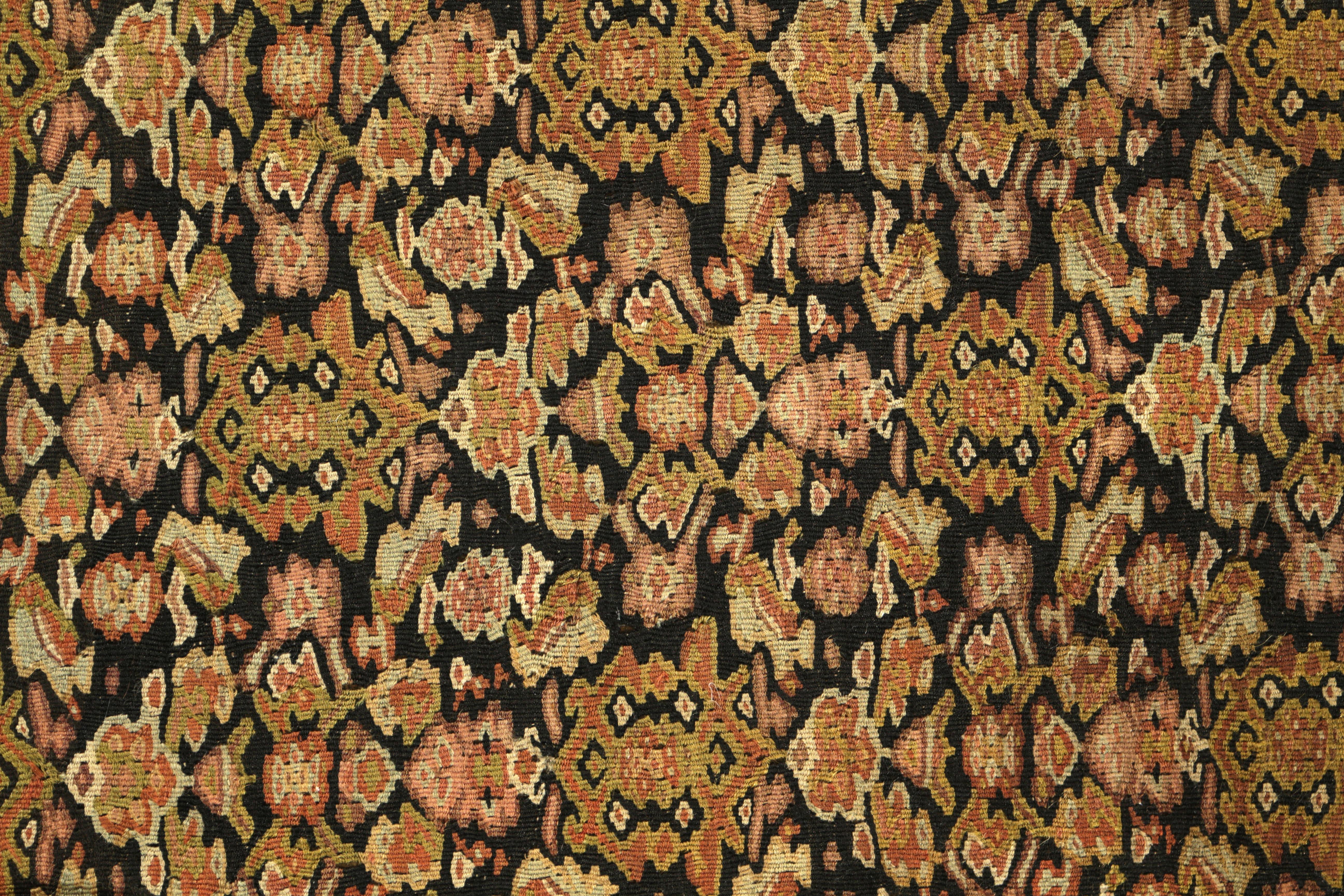 Hand-Woven Antique Senneh Kilim Beige Brown Gold Geometric All-over Pattern