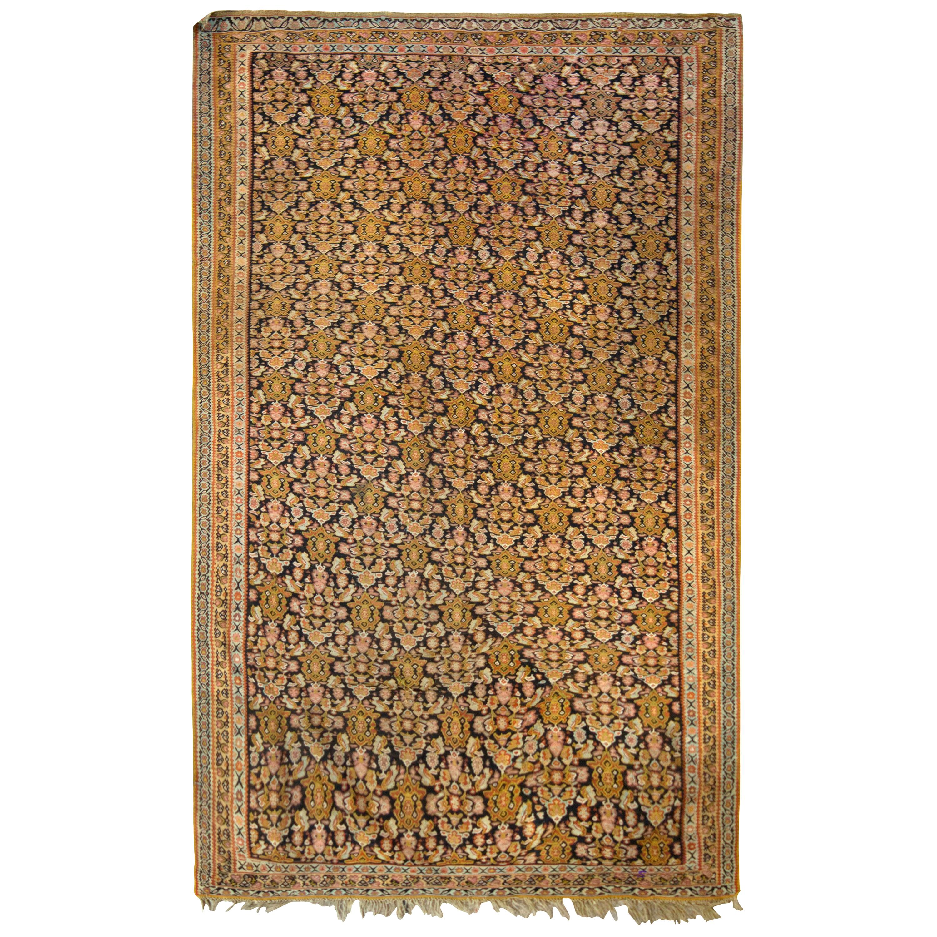 Antique Senneh Kilim Beige Brown Gold Geometric All-over Pattern