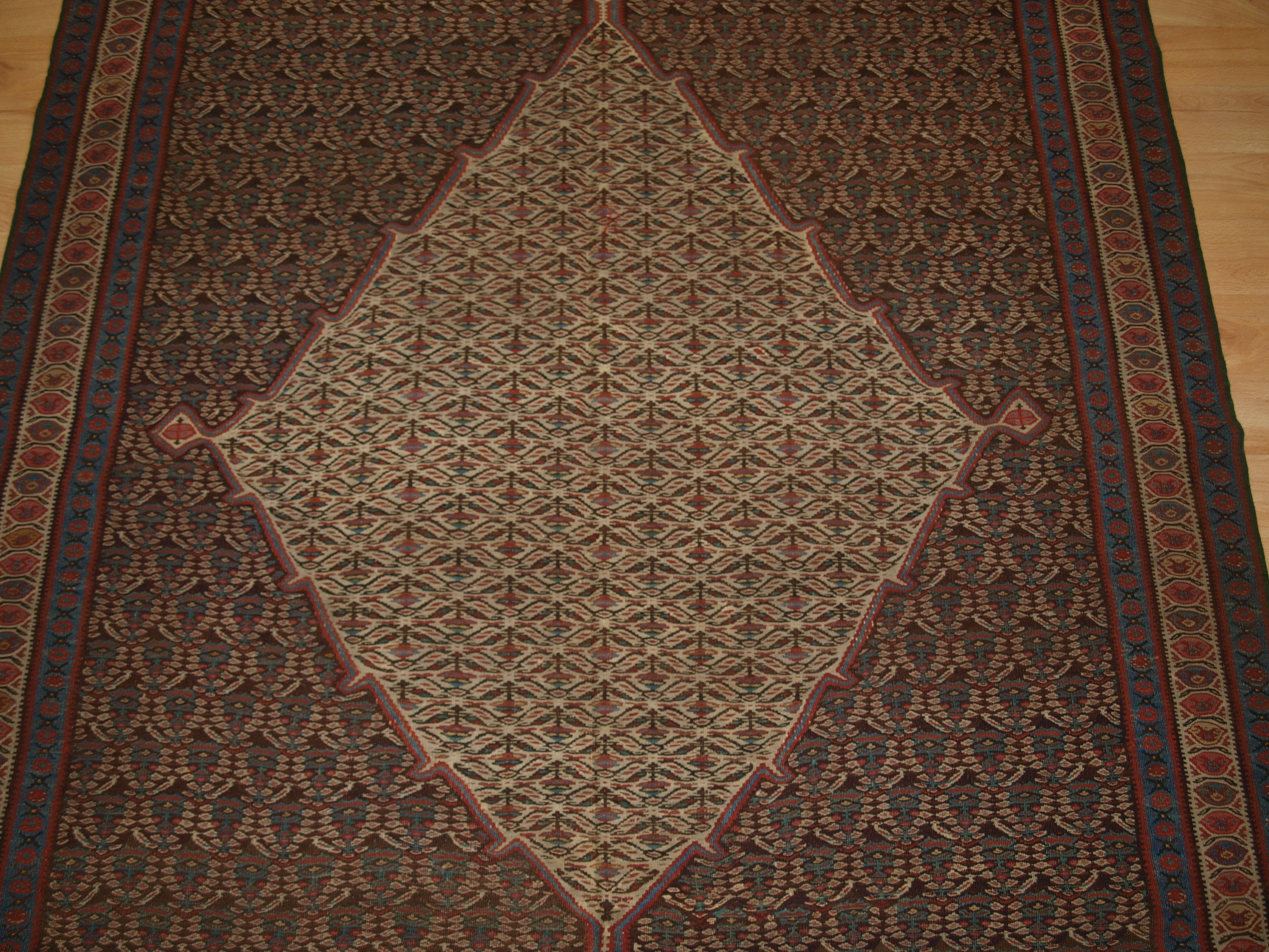 Wool Antique Senneh Kilim with Traditional Boteh Design, circa 1900 For Sale