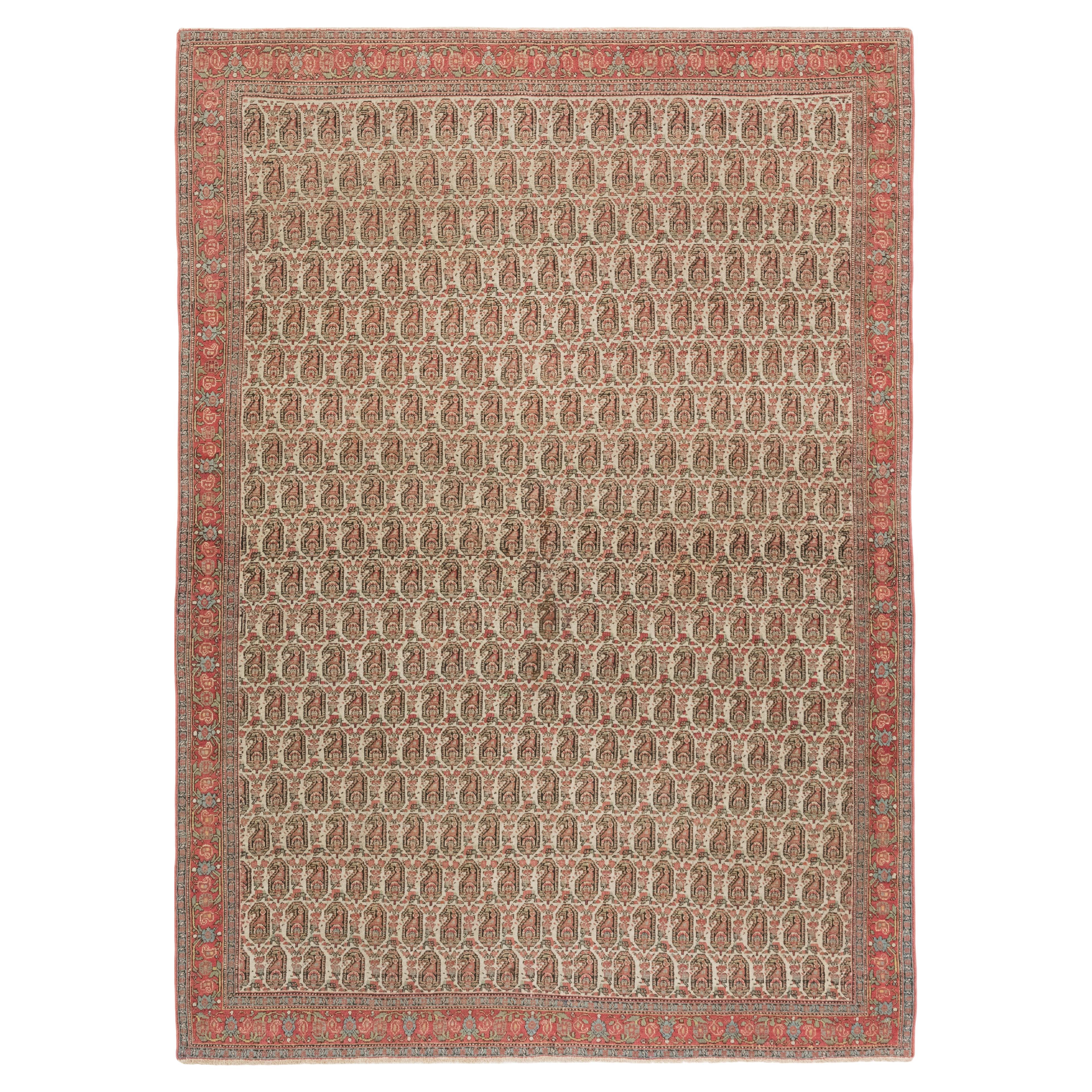 Tappeto antico Senneh, annodato a mano, 6,4 × 4,6 piedi - Beige e Rosso