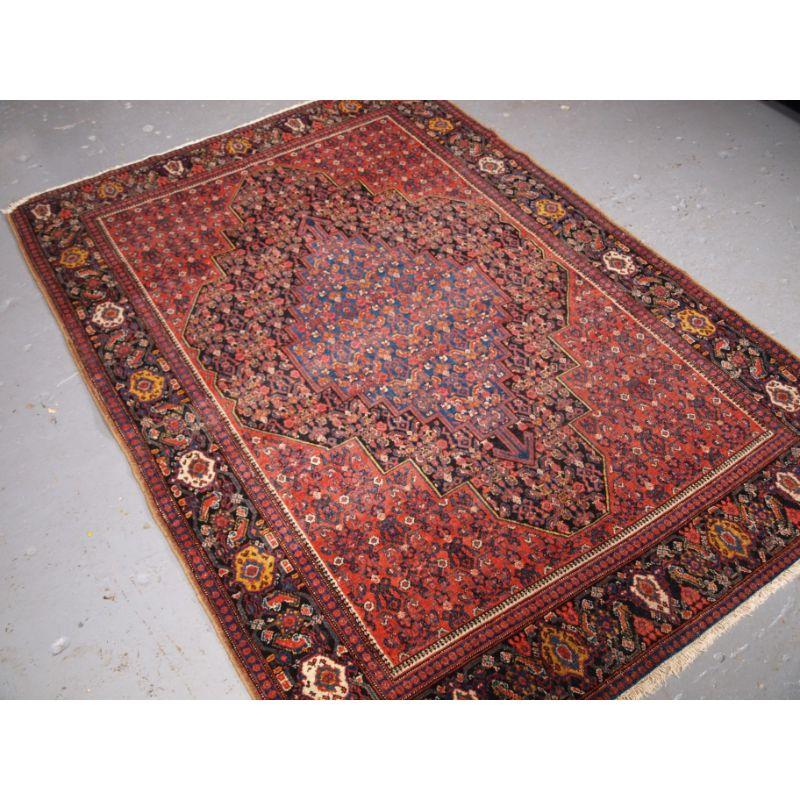 Antique Senneh rug of traditional medallion design.

The rug has a large central medallion in two shades of indigo blue on a very soft madder red field. The border is beautifully drawn in a traditional design. The rug is covered with the very