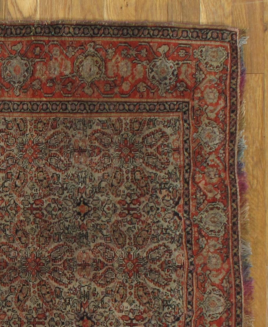 Persian Antique Senneh Rug with Multicolored Silk Warp, Handmade, Fine Ivory, Red, Blue For Sale