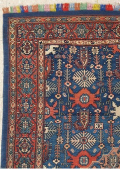 Antique Senneh Rug with Multicolored Silk Warp, Handmade, Ivory, Red, Light Blue