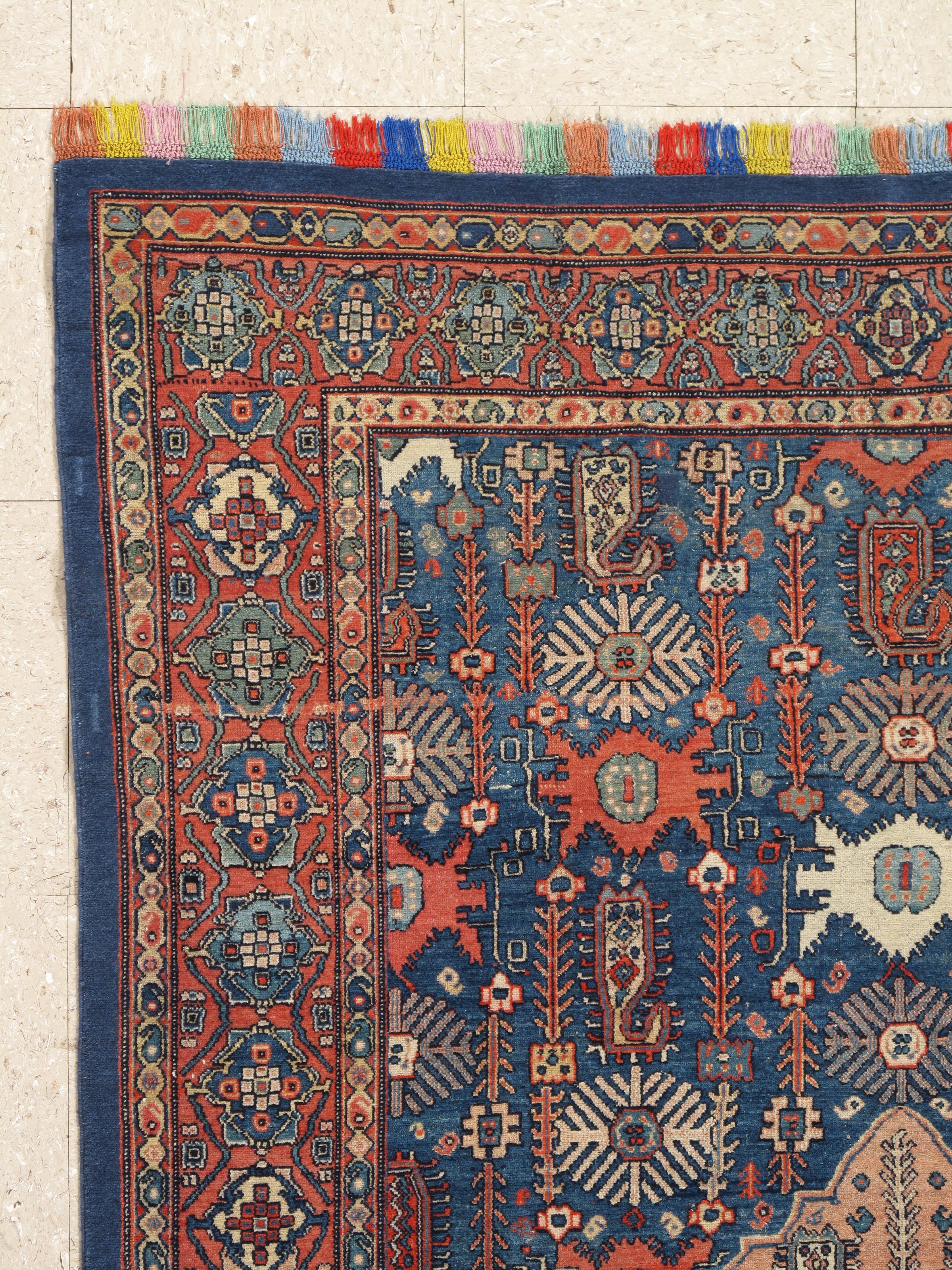 Malayer Antique Senneh Rug with Multicolored Silk Warp, Handmade, Ivory, Red, Light Blue For Sale