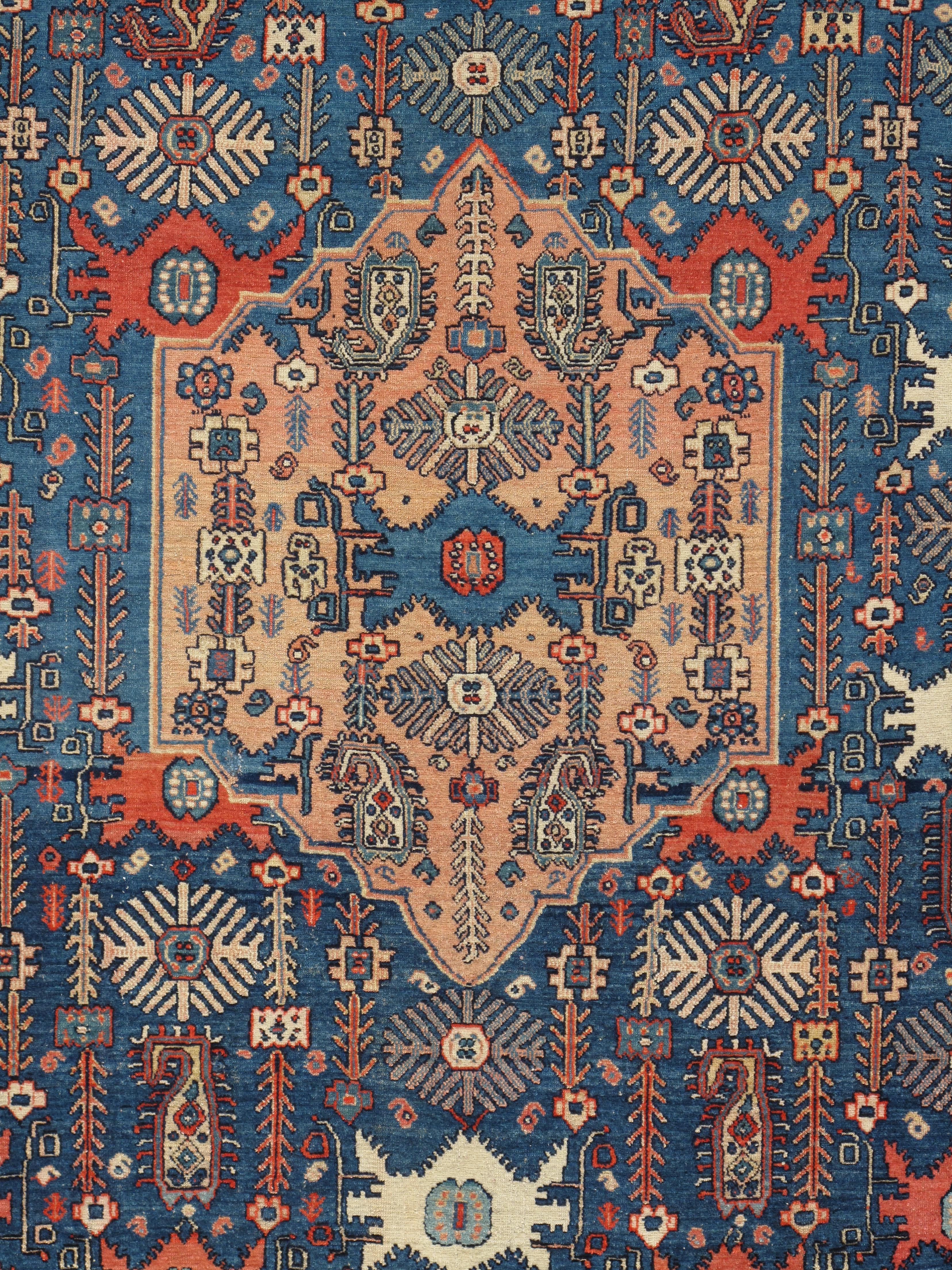Persian Antique Senneh Rug with Multicolored Silk Warp, Handmade, Ivory, Red, Light Blue For Sale