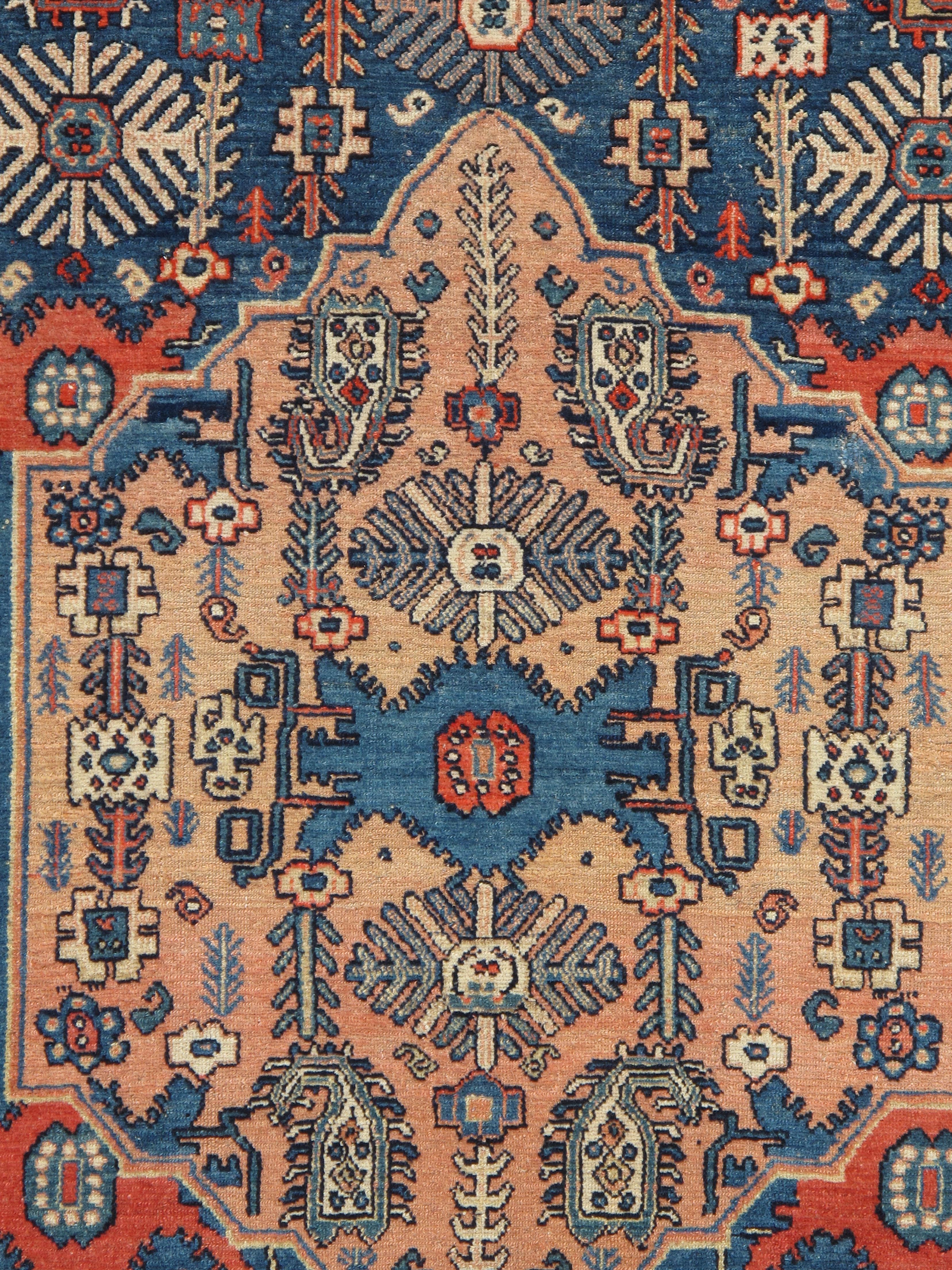 Hand-Woven Antique Senneh Rug with Multicolored Silk Warp, Handmade, Ivory, Red, Light Blue For Sale
