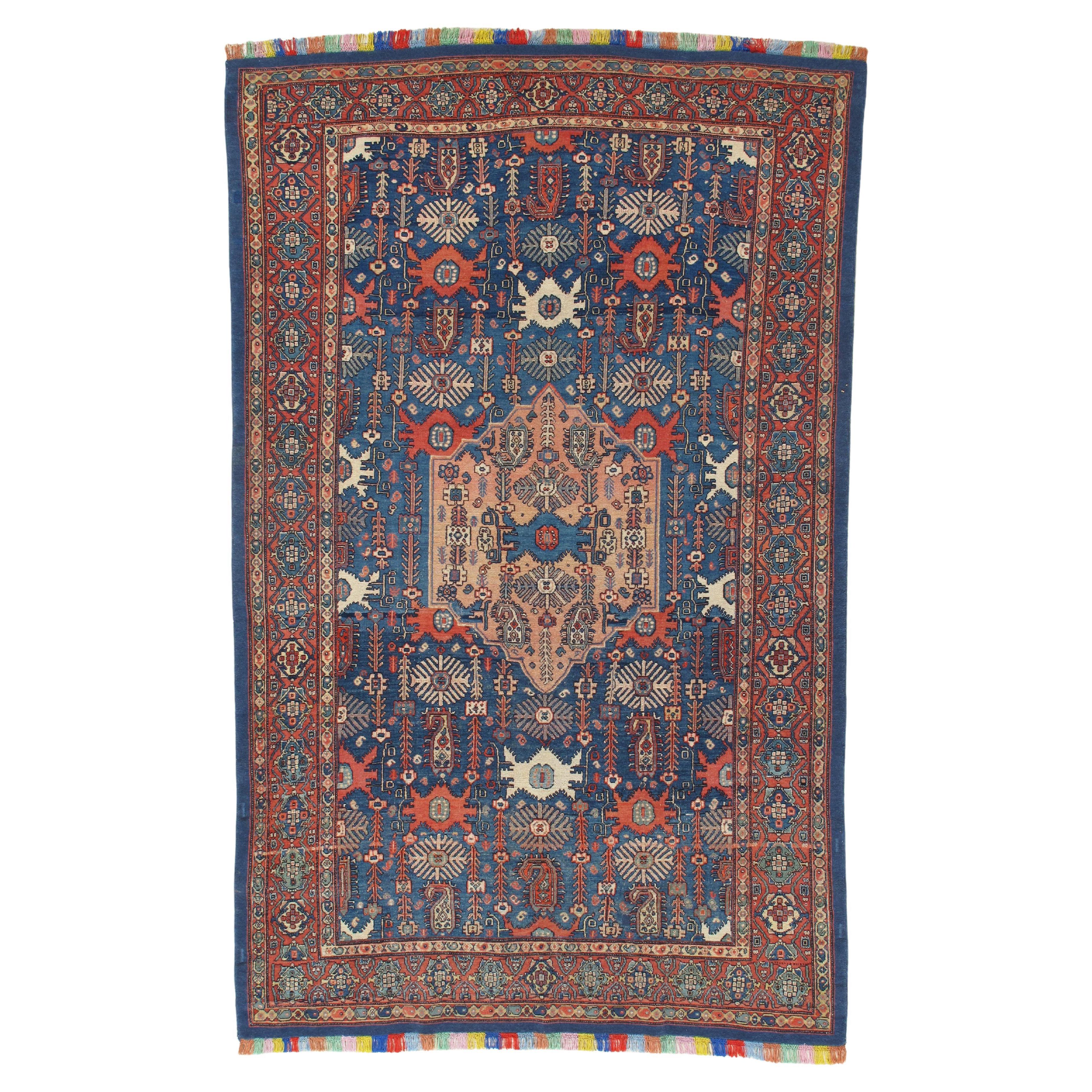 Antique Senneh Rug with Multicolored Silk Warp, Handmade, Ivory, Red, Light Blue For Sale