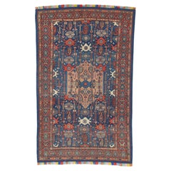 Antique Senneh Rug with Multicolored Silk Warp, Handmade, Ivory, Red, Light Blue