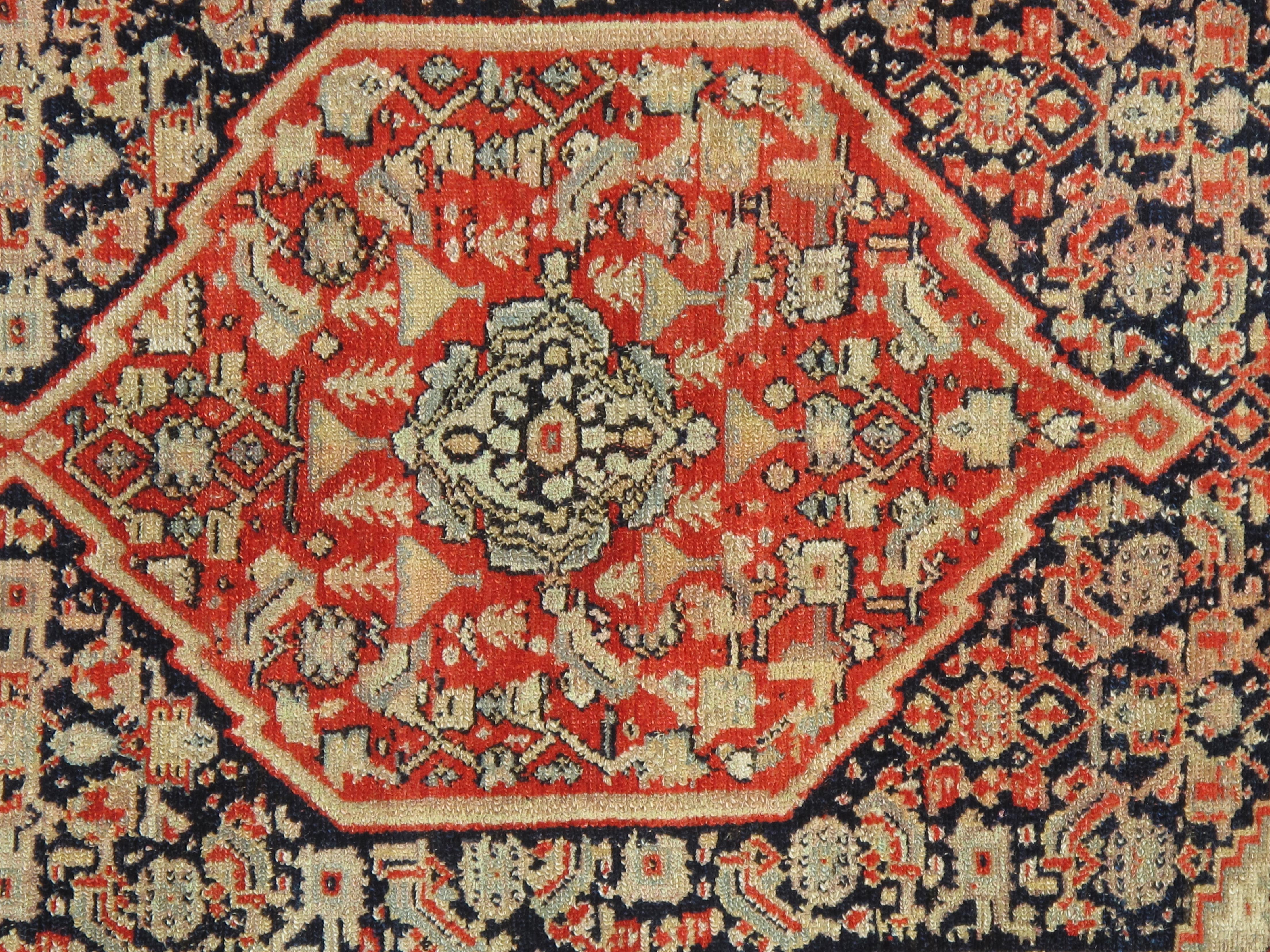 Antique Senneh Rug with Silk Warp, Handmade, Fine Ivory, Red, Brown, Ivory, Teal For Sale 3