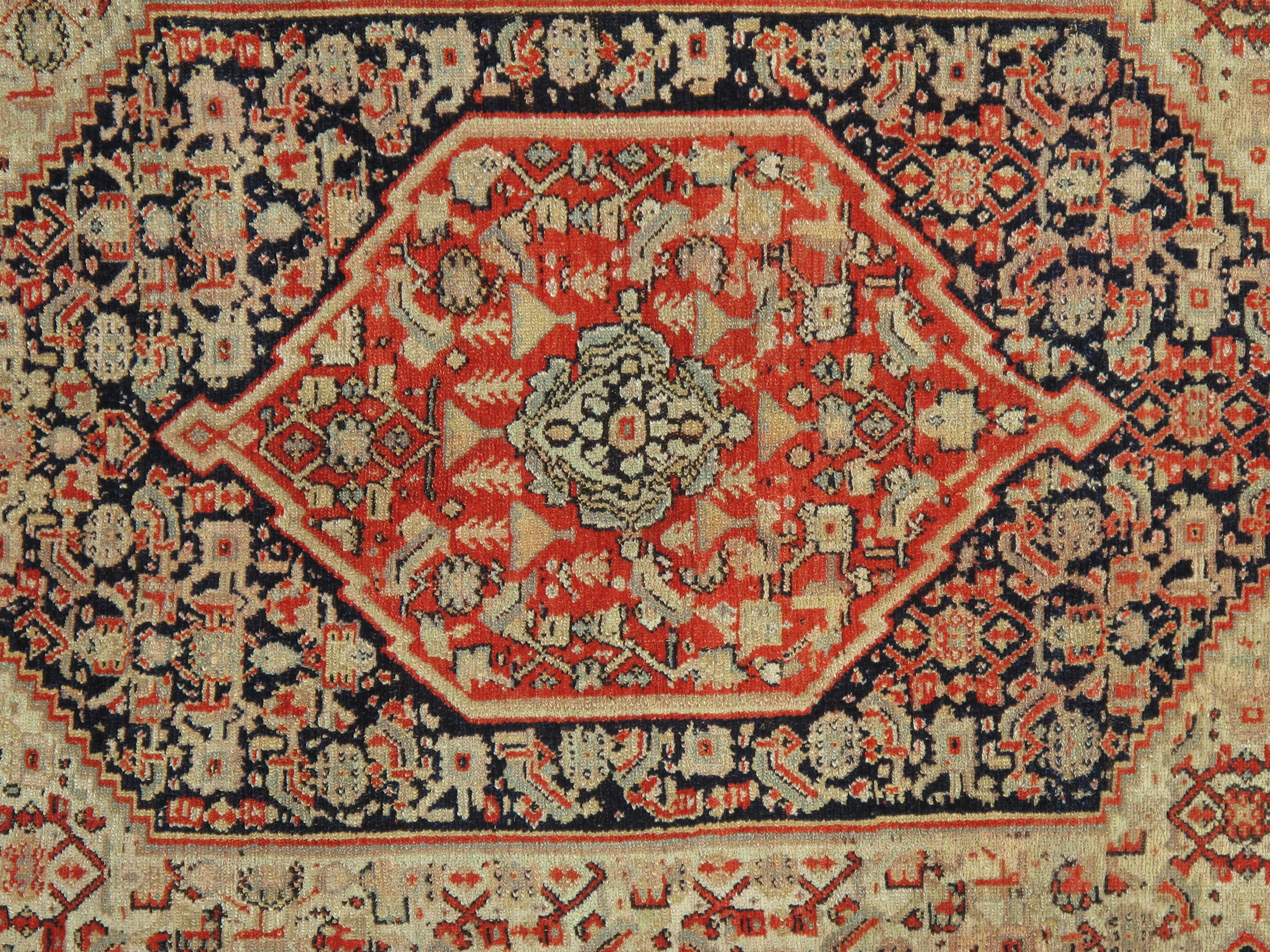 Malayer Antique Senneh Rug with Silk Warp, Handmade, Fine Ivory, Red, Brown, Ivory, Teal For Sale