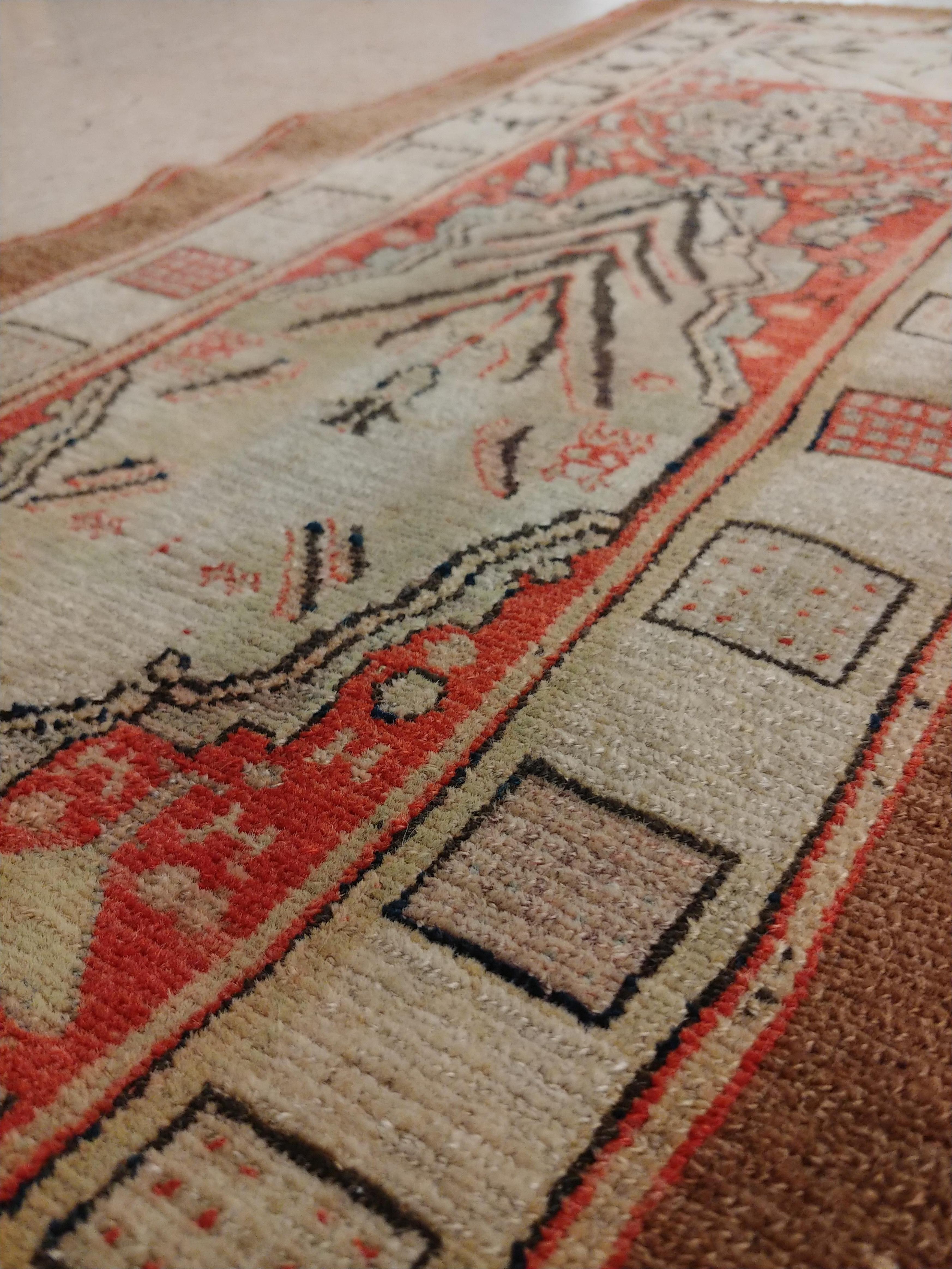 Persian Antique Senneh Rug with Silk Warp, Handmade, Fine Ivory, Red, Brown, Ivory, Teal For Sale