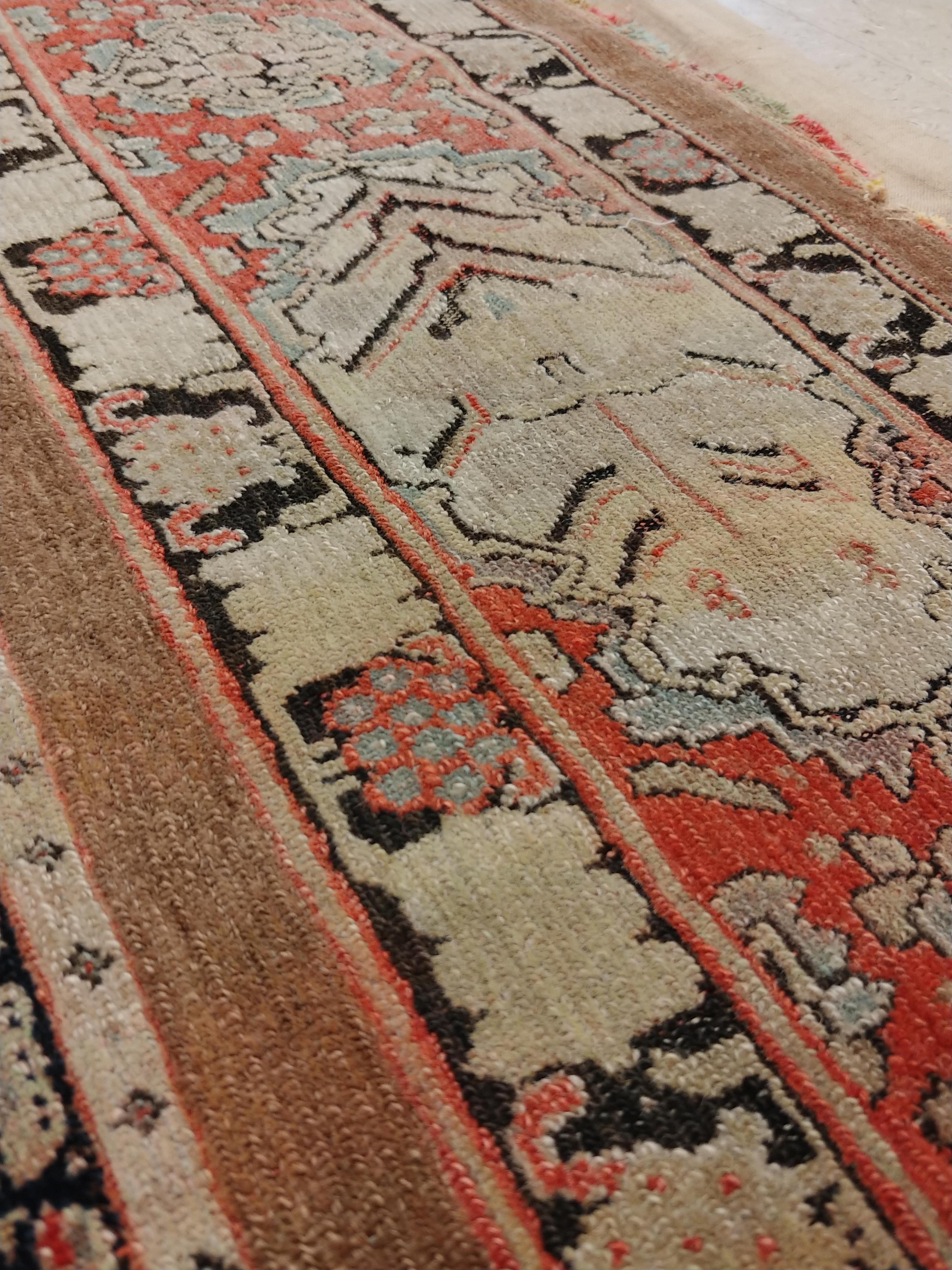Antique Senneh Rug with Silk Warp, Handmade, Fine Ivory, Red, Brown, Ivory, Teal In Good Condition For Sale In Port Washington, NY