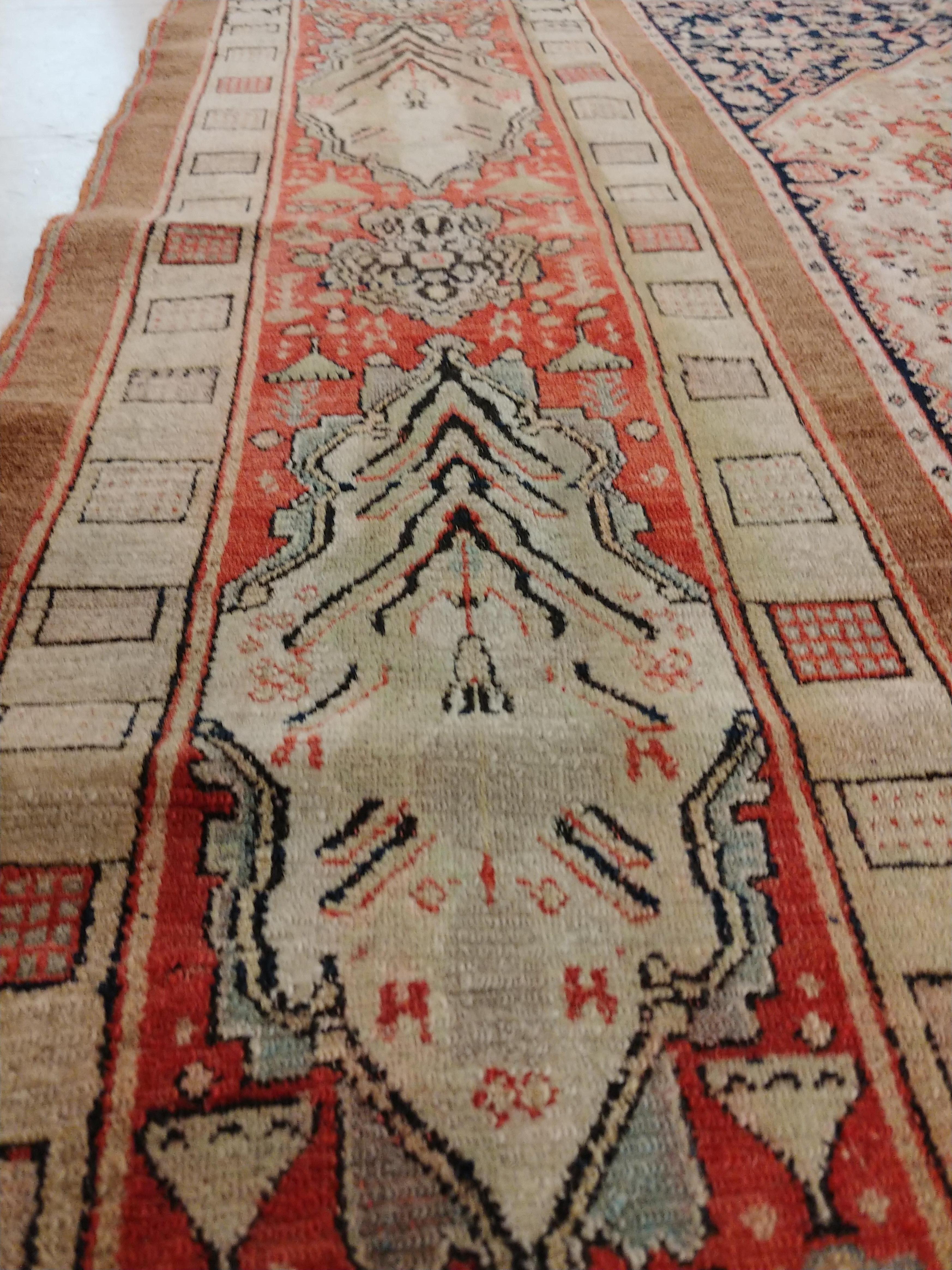 Wool Antique Senneh Rug with Silk Warp, Handmade, Fine Ivory, Red, Brown, Ivory, Teal For Sale