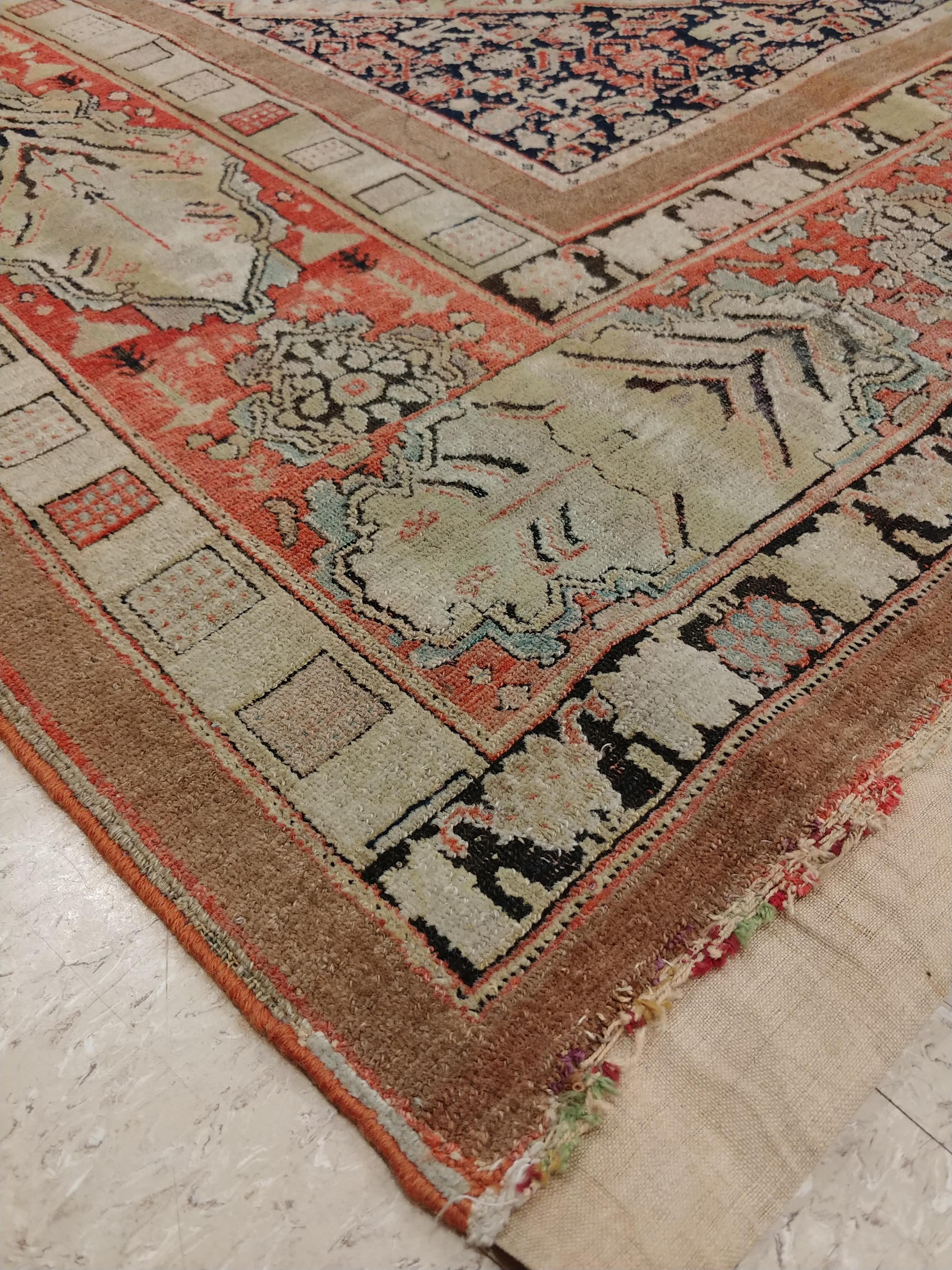 Antique Senneh Rug with Silk Warp, Handmade, Fine Ivory, Red, Brown, Ivory, Teal For Sale 1