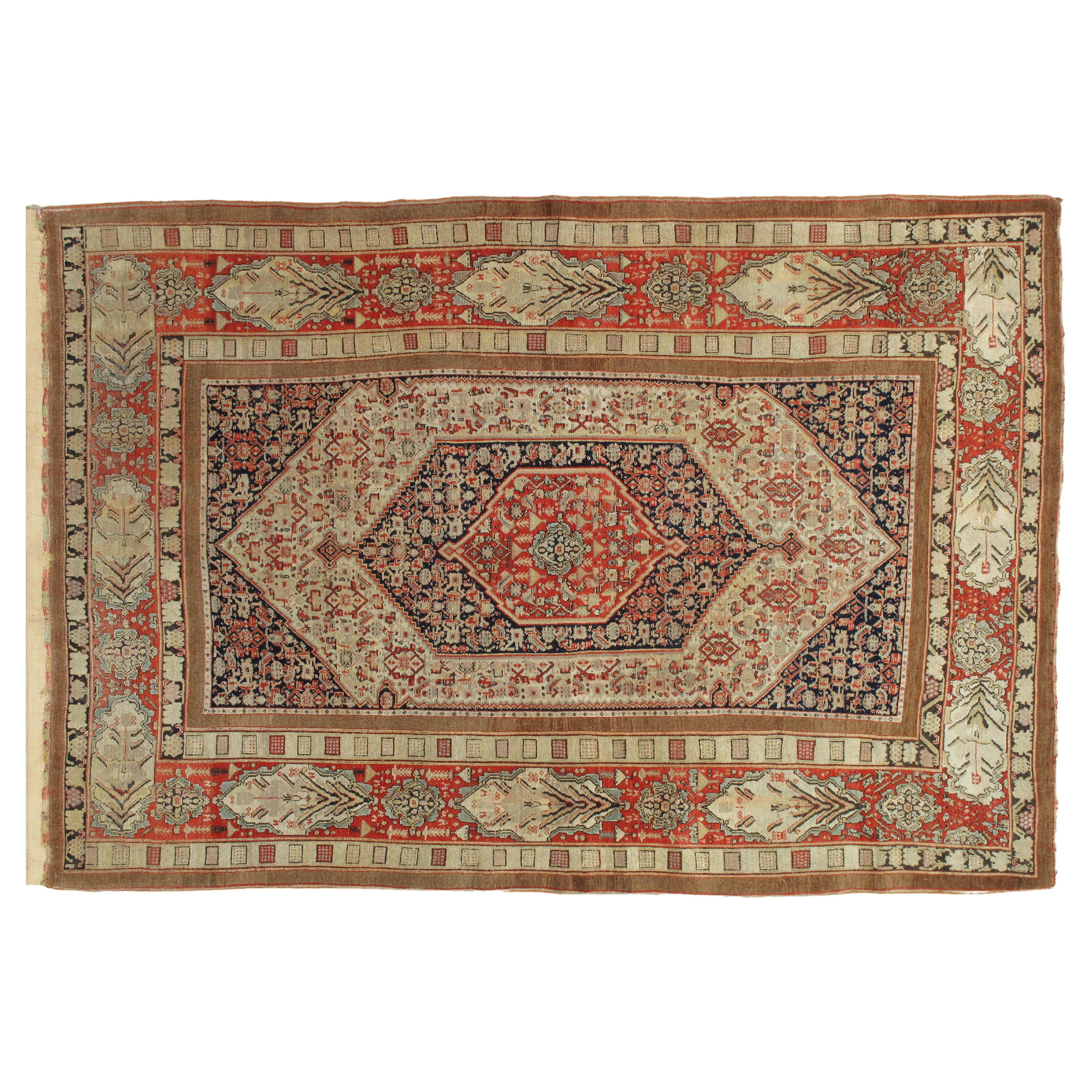 Antique Senneh Rug with Silk Warp, Handmade, Fine Ivory, Red, Brown, Ivory, Teal For Sale