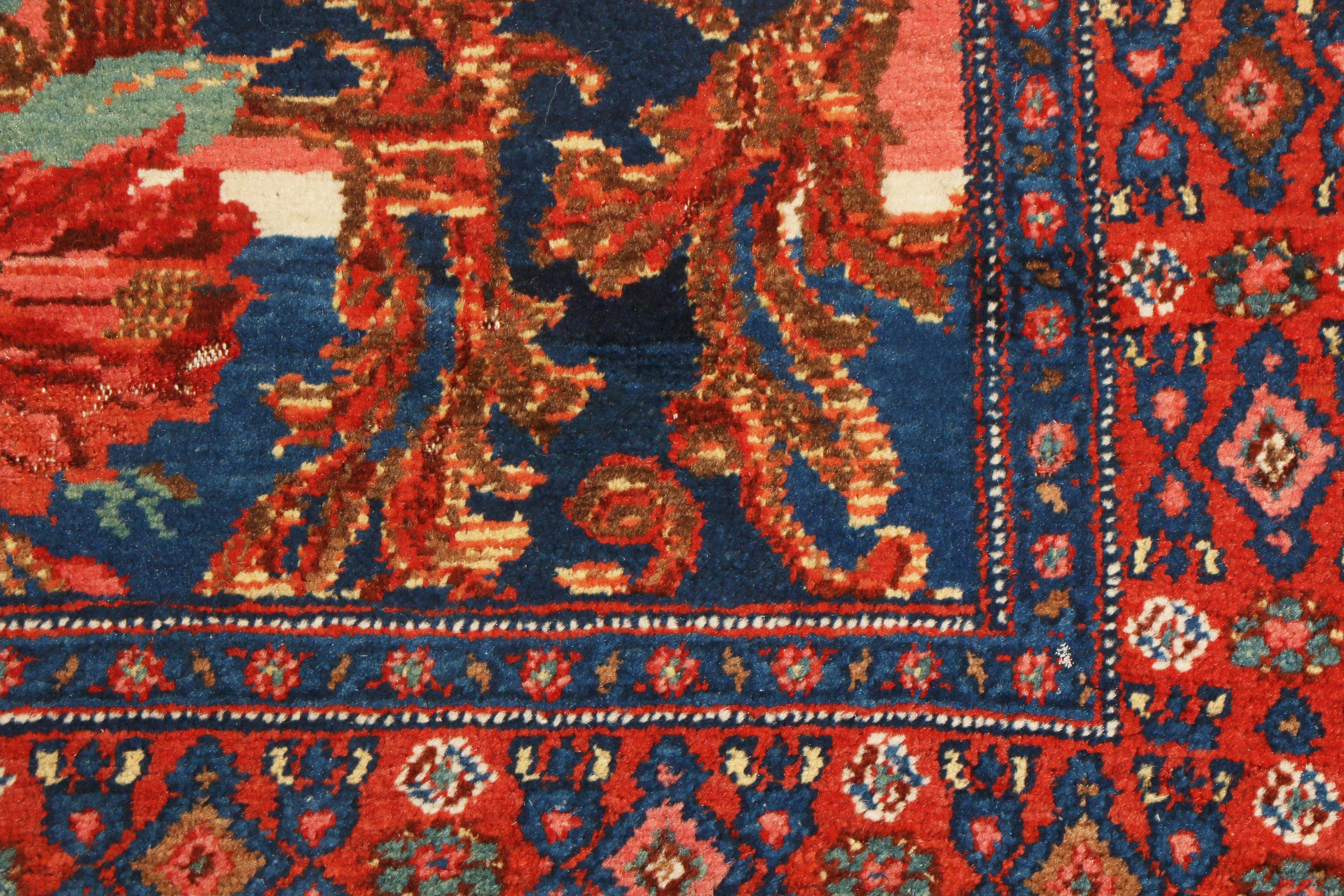 Early 20th Century Antique Senneh Traditional Crimson Red and Blue Wool Persian Rug