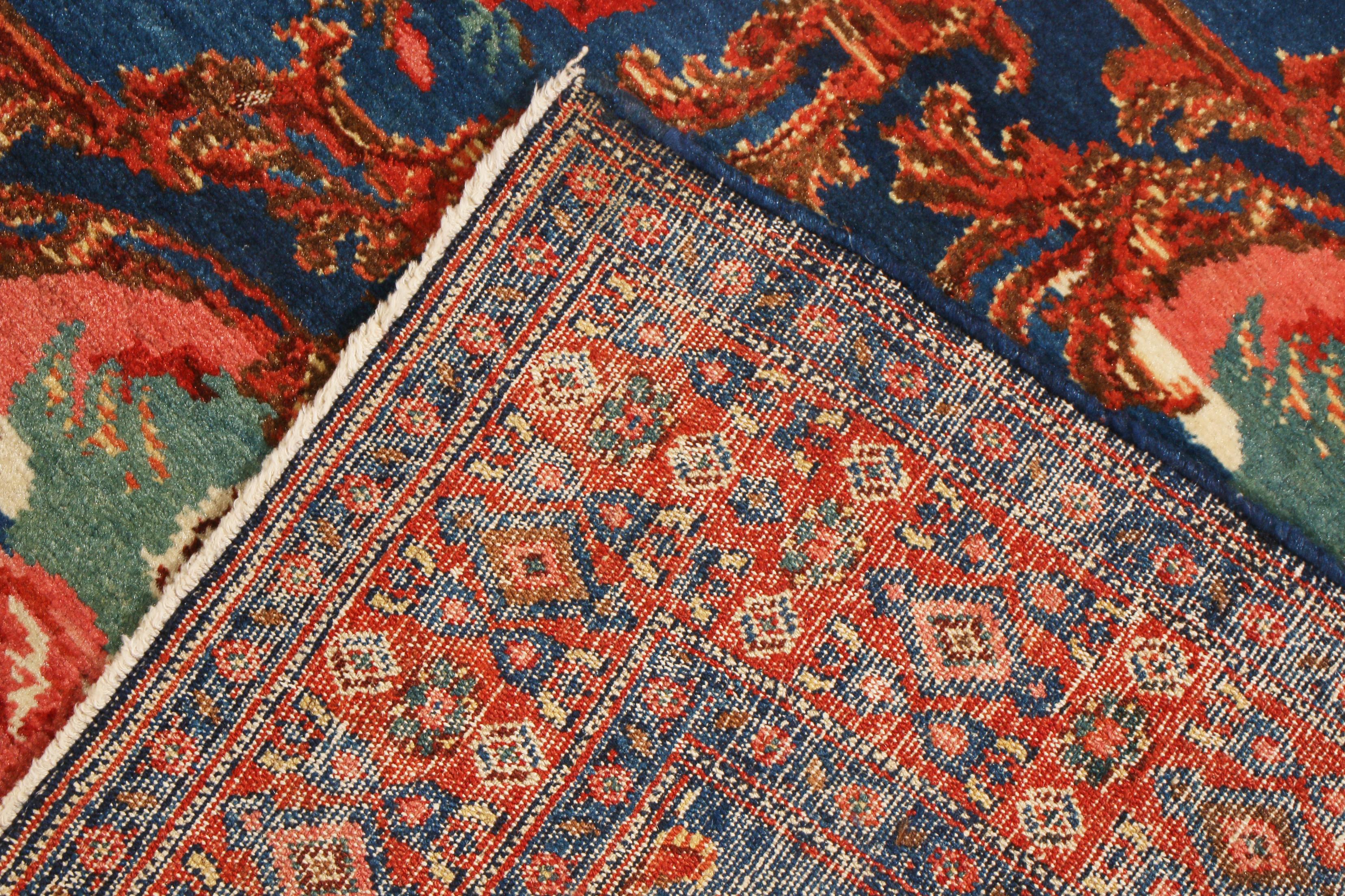Antique Senneh Traditional Crimson Red and Blue Wool Persian Rug 1