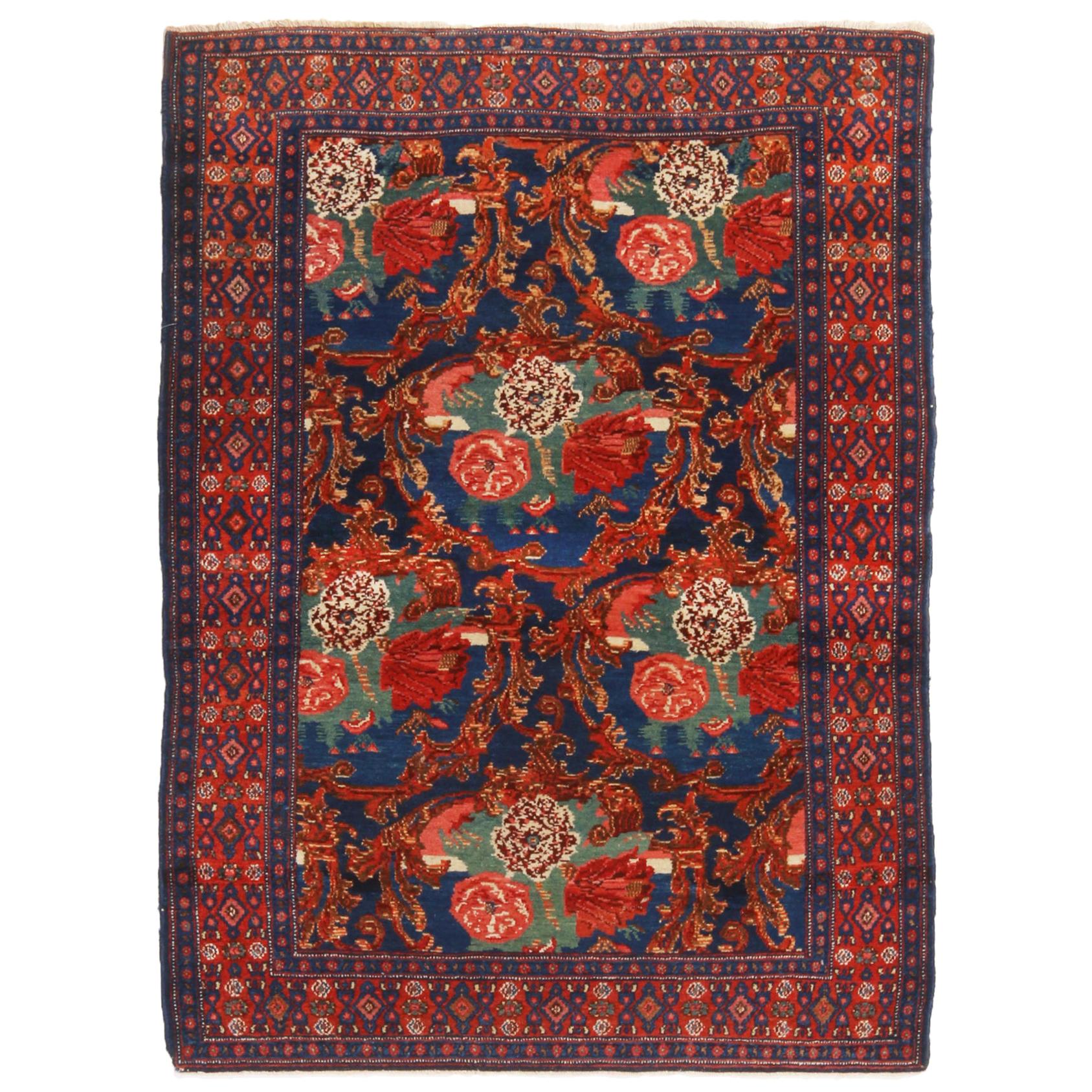 Antique Senneh Traditional Crimson Red and Blue Wool Persian Rug