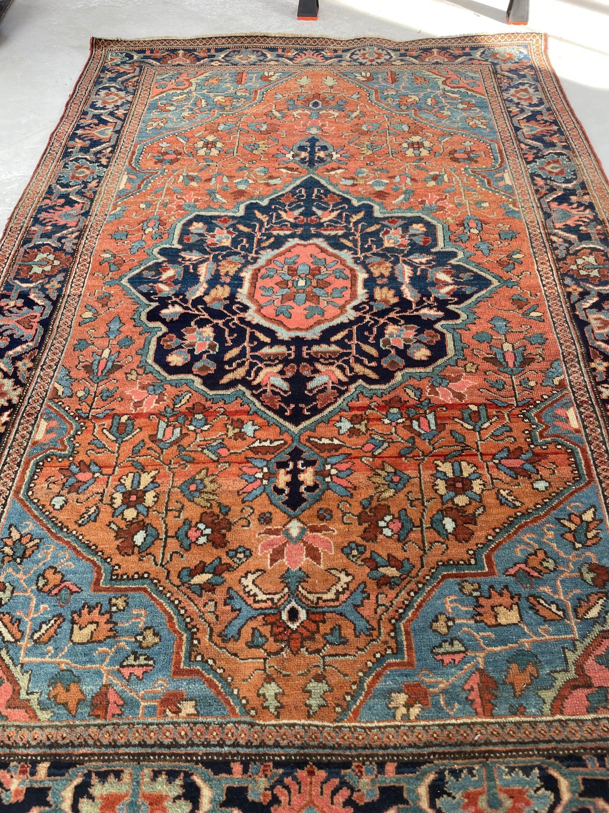 Sensational Antique Rug  Fine Ferahan-Malayer Terracotta, Ice & Greens

Size: 4.3 x 6.4
Age: Antique, C. 1920-30's
Pile: Low with age-related wear and lovely patina throughout. Superb condition for its age nearly mint condition.

This rug is
