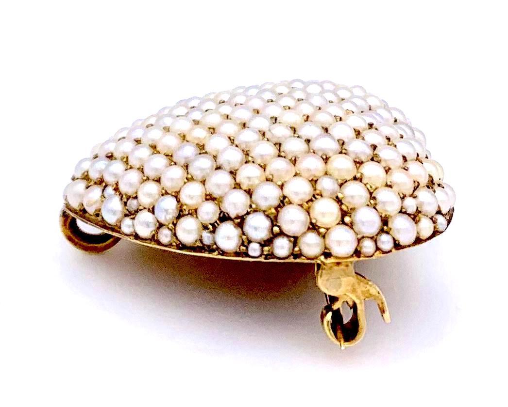Bead Antique Sentimental Jewellery Love Token Pearl 14 K Gold Heart Brooch Pendant For Sale