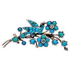 Antike Sentimental Novelty Brosche Vogel Forget Me Not Turquoise Perle Silber 