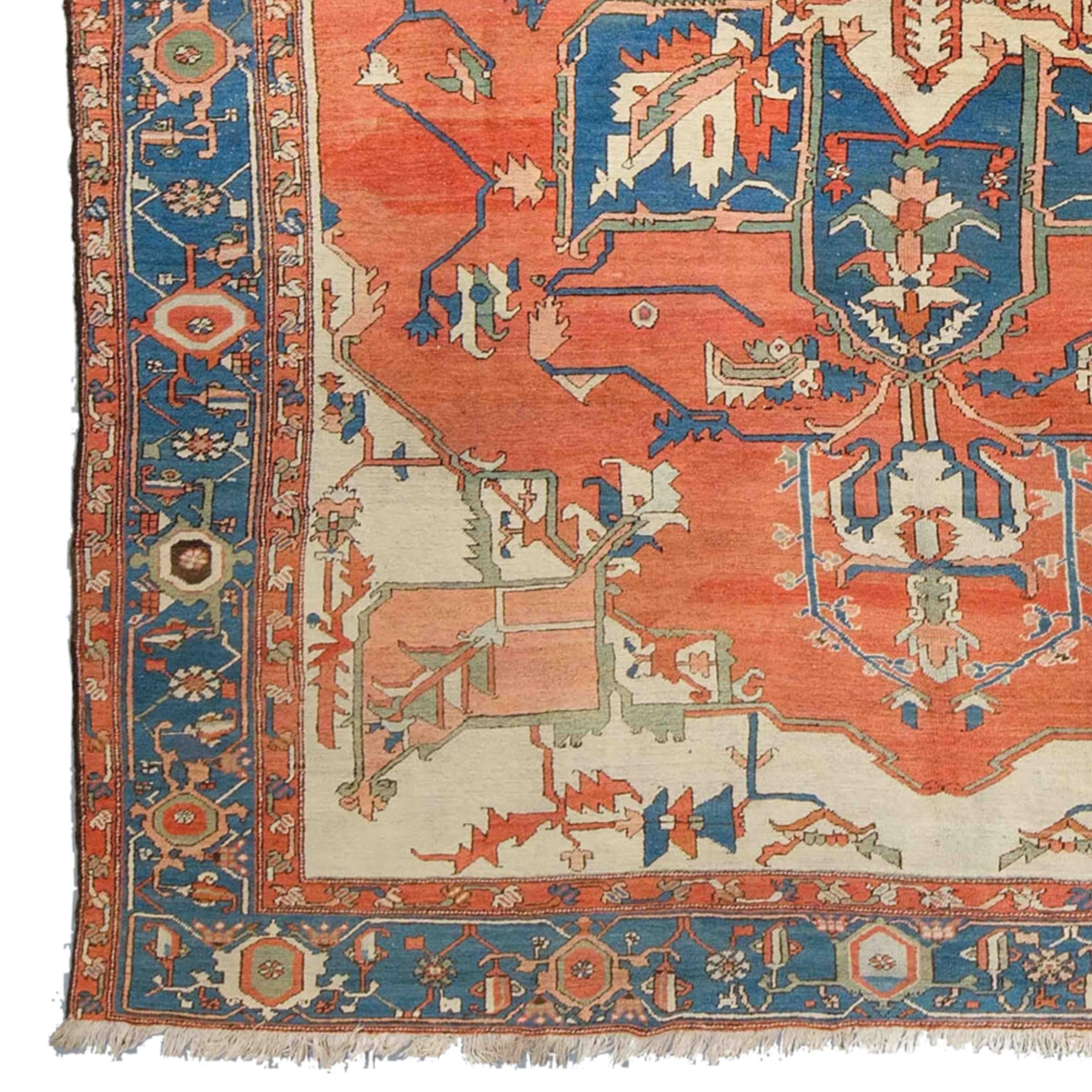 19th Century Serapi Carpet
Size: 282x423 cm

This impressive 19th-century Serapi Tapestry is a masterpiece reflecting the elegant and sophisticated craftsmanship of a historic period.

Rich Patterns: The carpet is decorated with intricate floral