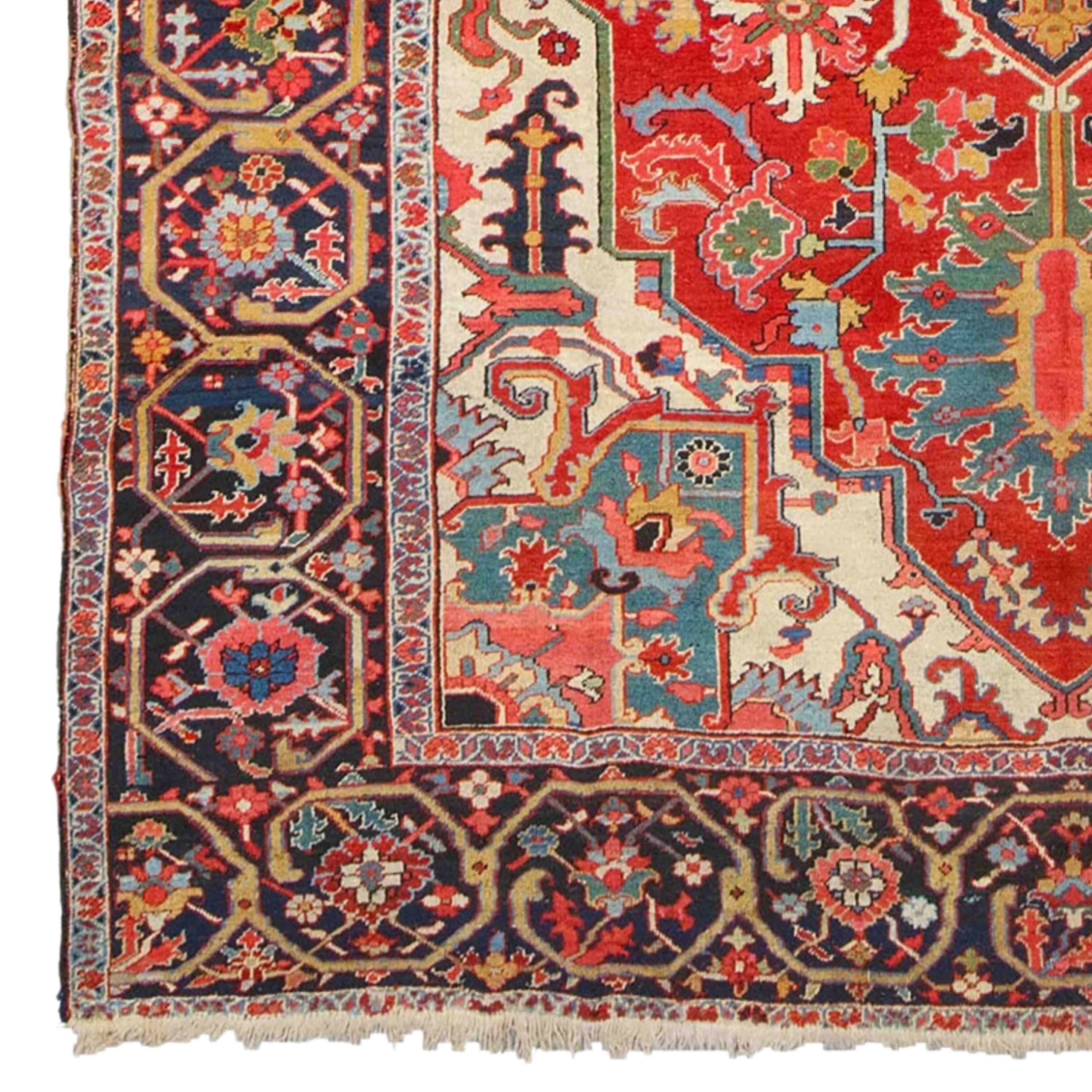 19th Century Serapi Carpet

This magnificent 19th-century antique Serapi carpet is a masterpiece that weaves the history, art and culture of its time into its intricate patterns. Each stitch tells a story, with skilled craftsmen meticulously