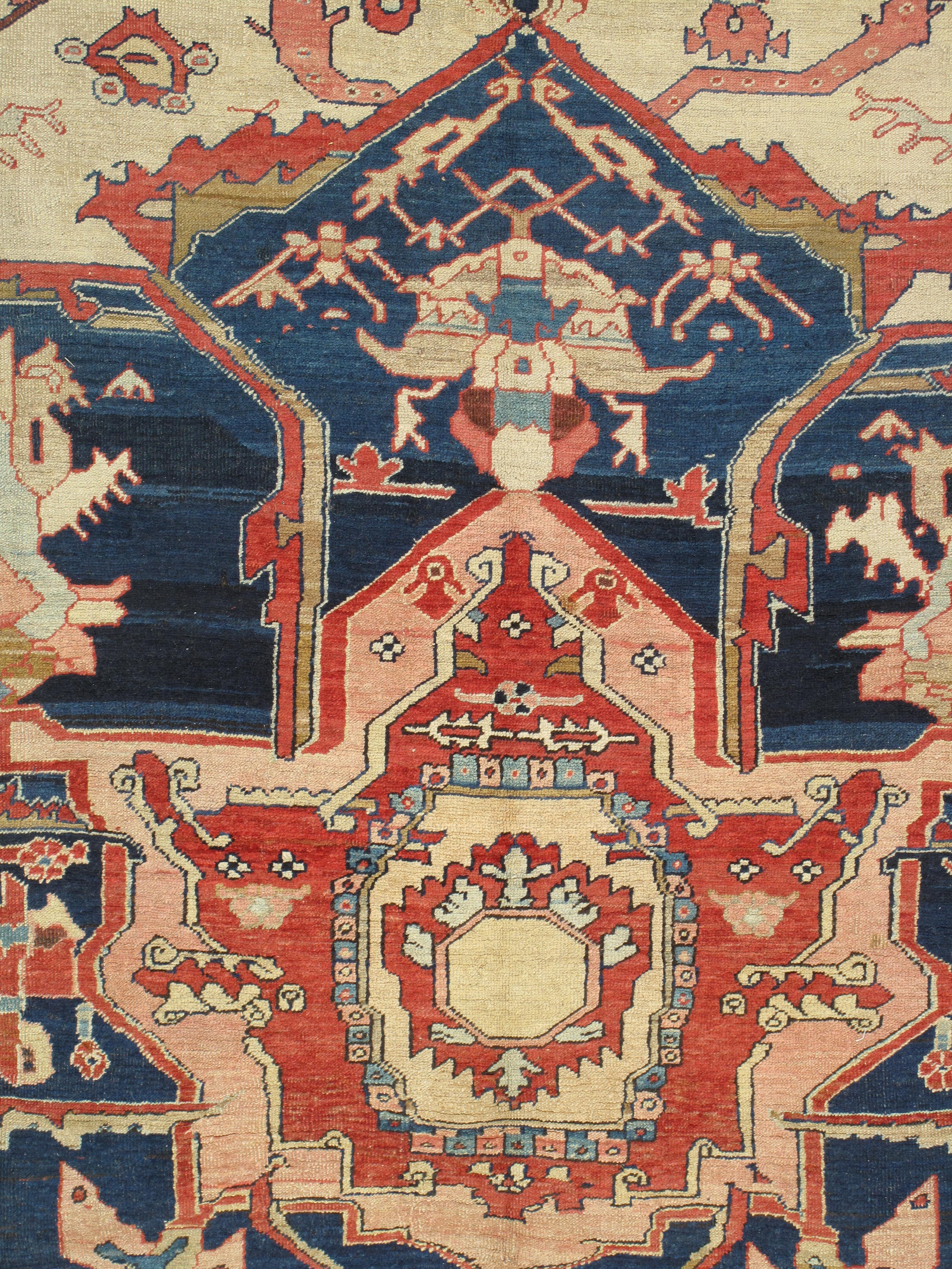 Persian Antique Serapi Carpet, Handmade Wool Oriental Rug, Ivory, Rust, Navy, Light Blue For Sale