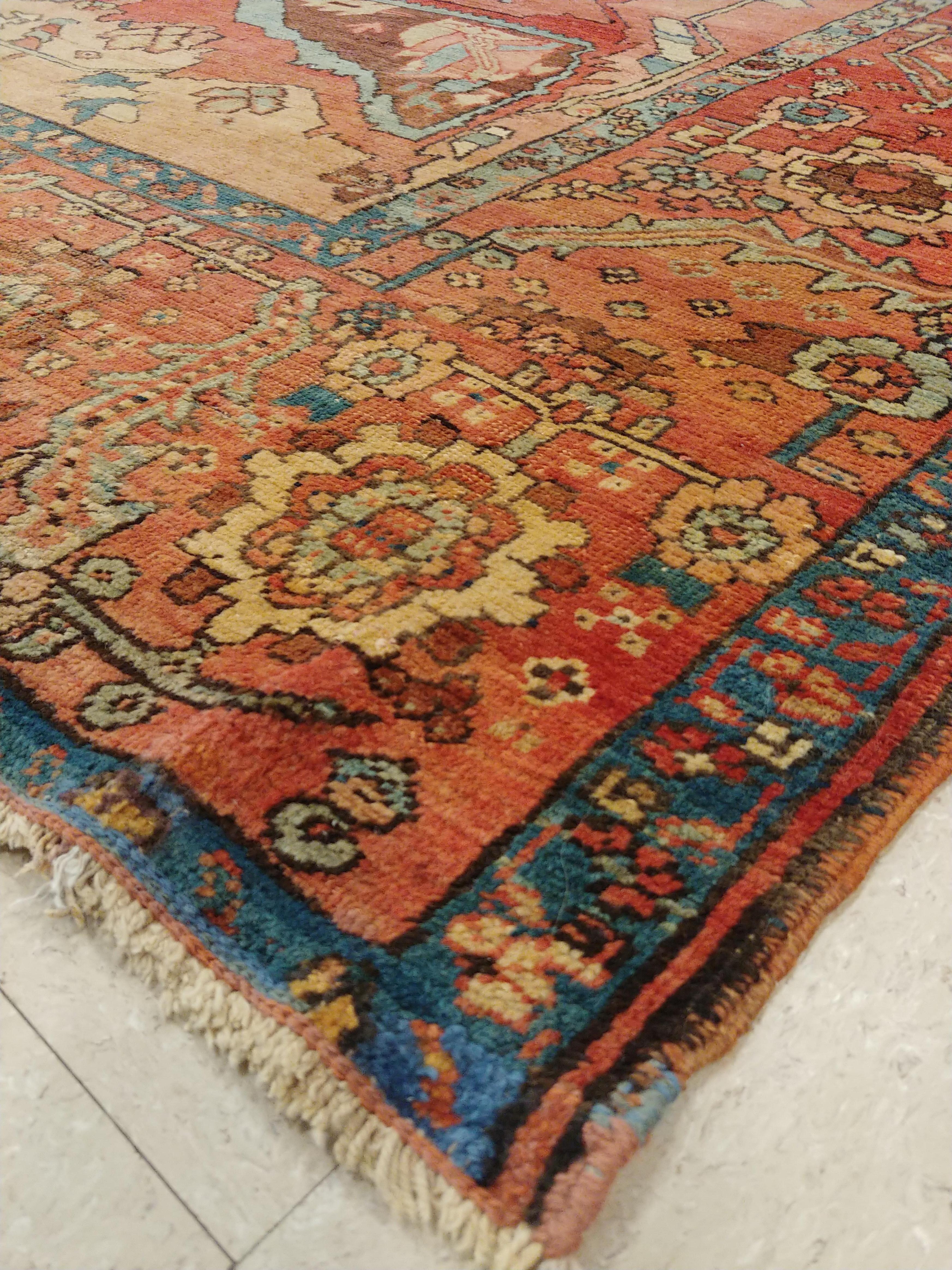 Hand-Knotted Antique Serapi Carpet, Handmade Wool Oriental Rug, Ivory, Rust, Navy, Light Blue For Sale