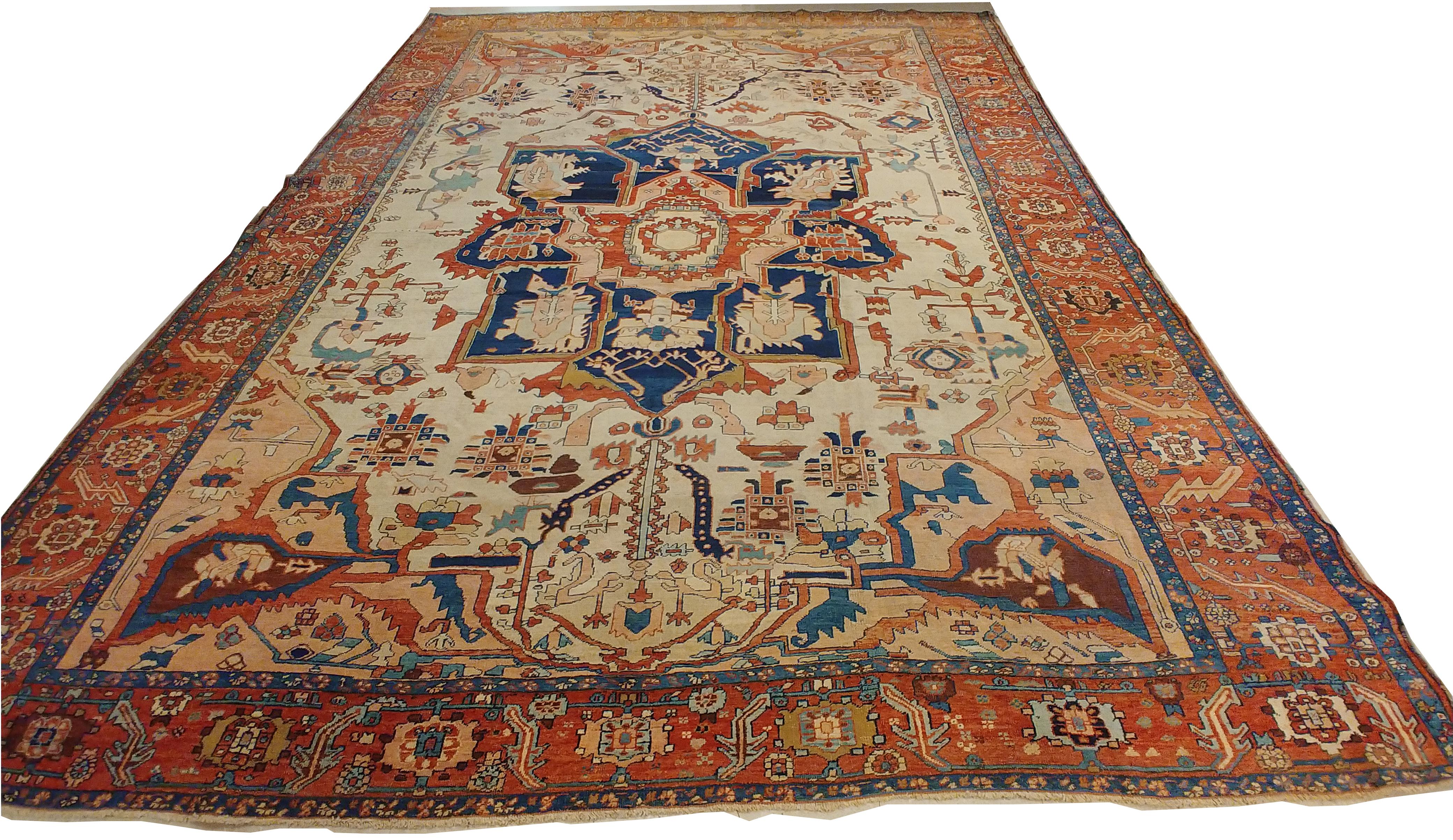 Antique Serapi Carpet, Handmade Wool Oriental Rug, Ivory, Rust, Navy, Light Blue In Excellent Condition For Sale In Port Washington, NY