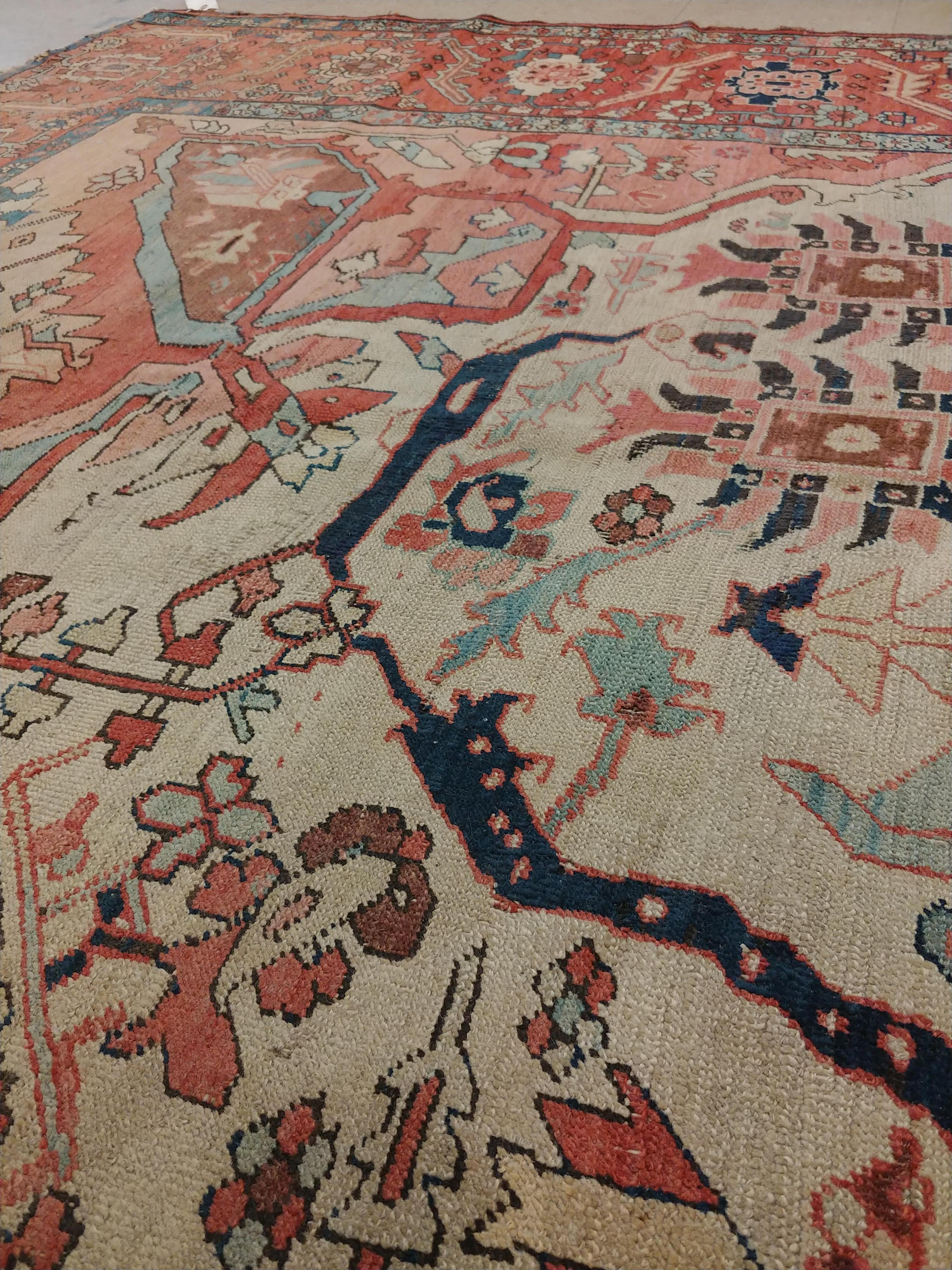19th Century Antique Serapi Carpet, Handmade Wool Oriental Rug, Ivory, Rust, Navy, Light Blue For Sale