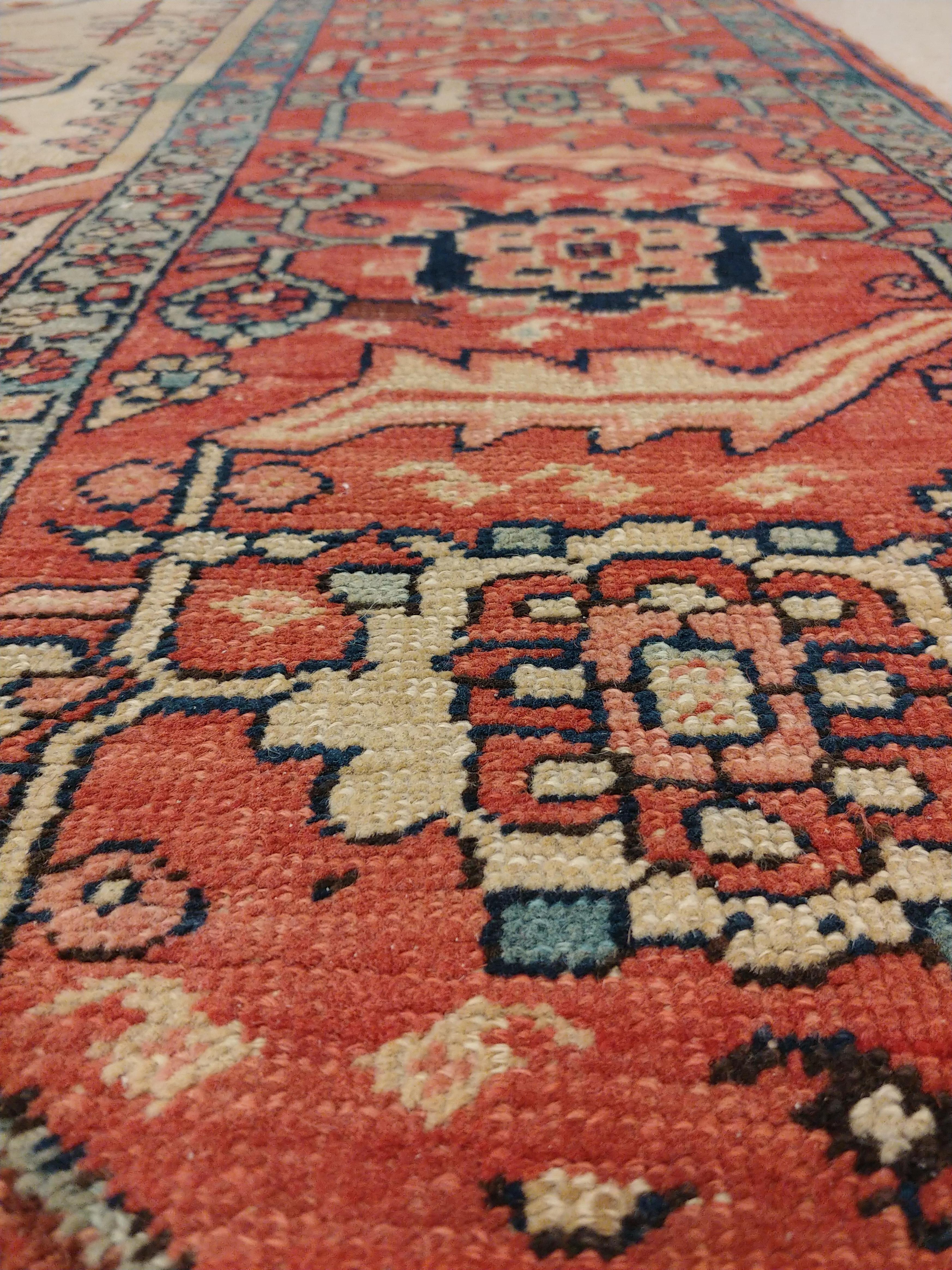 Antique Serapi Carpet, Handmade Wool Oriental Rug, Ivory, Rust, Navy, Light Blue For Sale 1