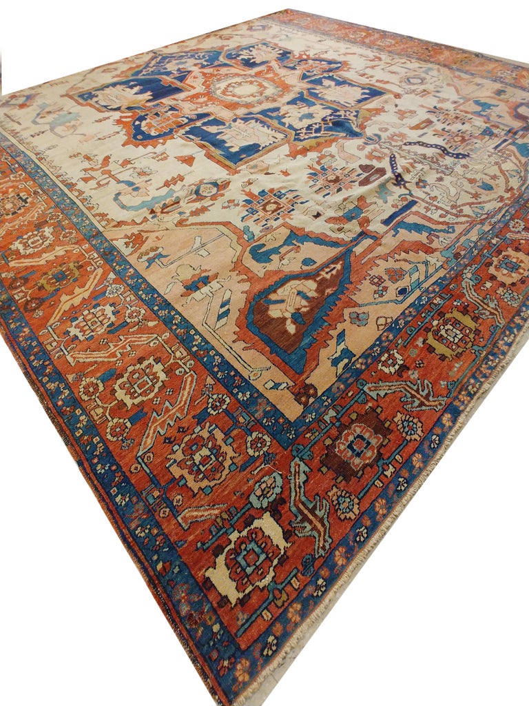 Antique Serapi Carpet, Handmade Wool Oriental Rug, Ivory, Rust, Navy, Light Blue For Sale at 1stDibs