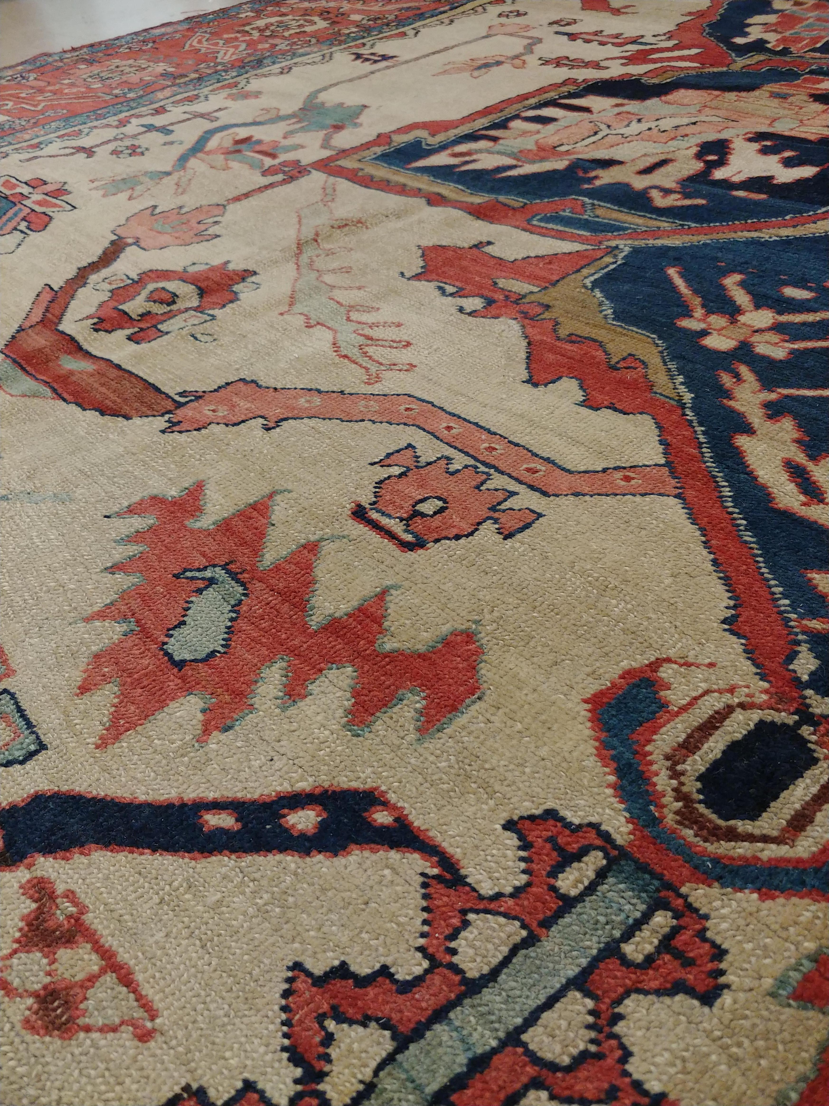 Antique Serapi Carpet, Handmade Wool Oriental Rug, Ivory, Rust, Navy, Light Blue For Sale 3