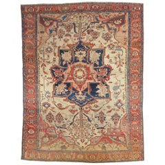 Antique Serapi Carpet, Handmade Wool Oriental Rug, Ivory, Rust, Navy, Light Blue