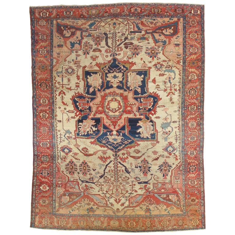 Antique Serapi Carpet Handmade Wool, Light Blue Wool Oriental Rug