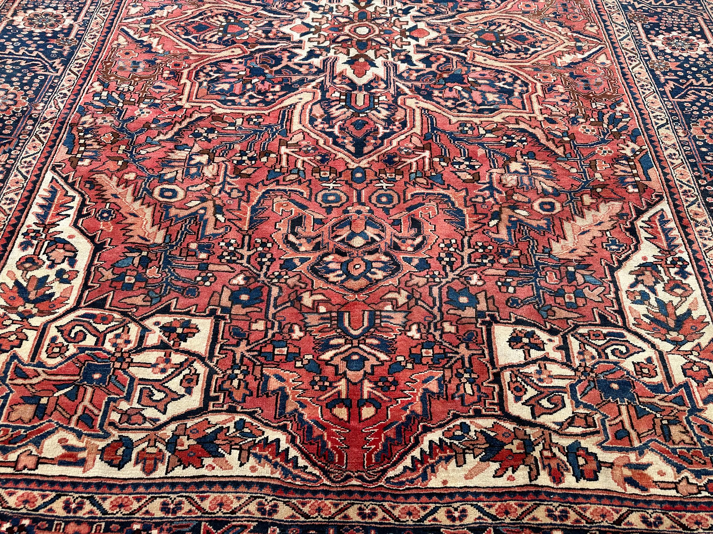 Annodato a mano Tappeto antico Serapi Geometrico Heriz Durevole 10x13 Tappeto Orientale 297cmx399cm in vendita