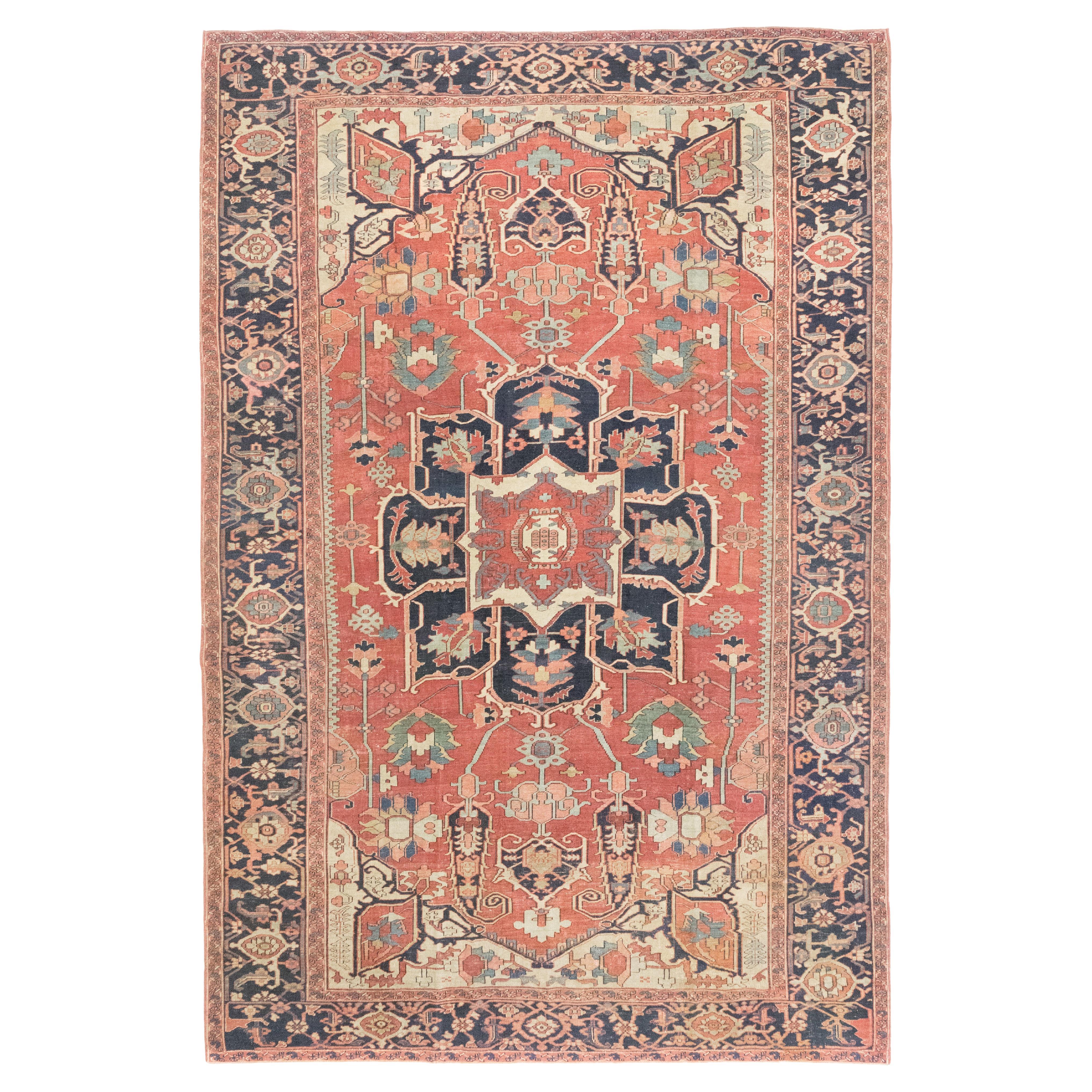 Antiker Serapi (marineblau, grün, elfenbeinfarben, rot und zart apricot, 383 cm x 255 cm) im Angebot
