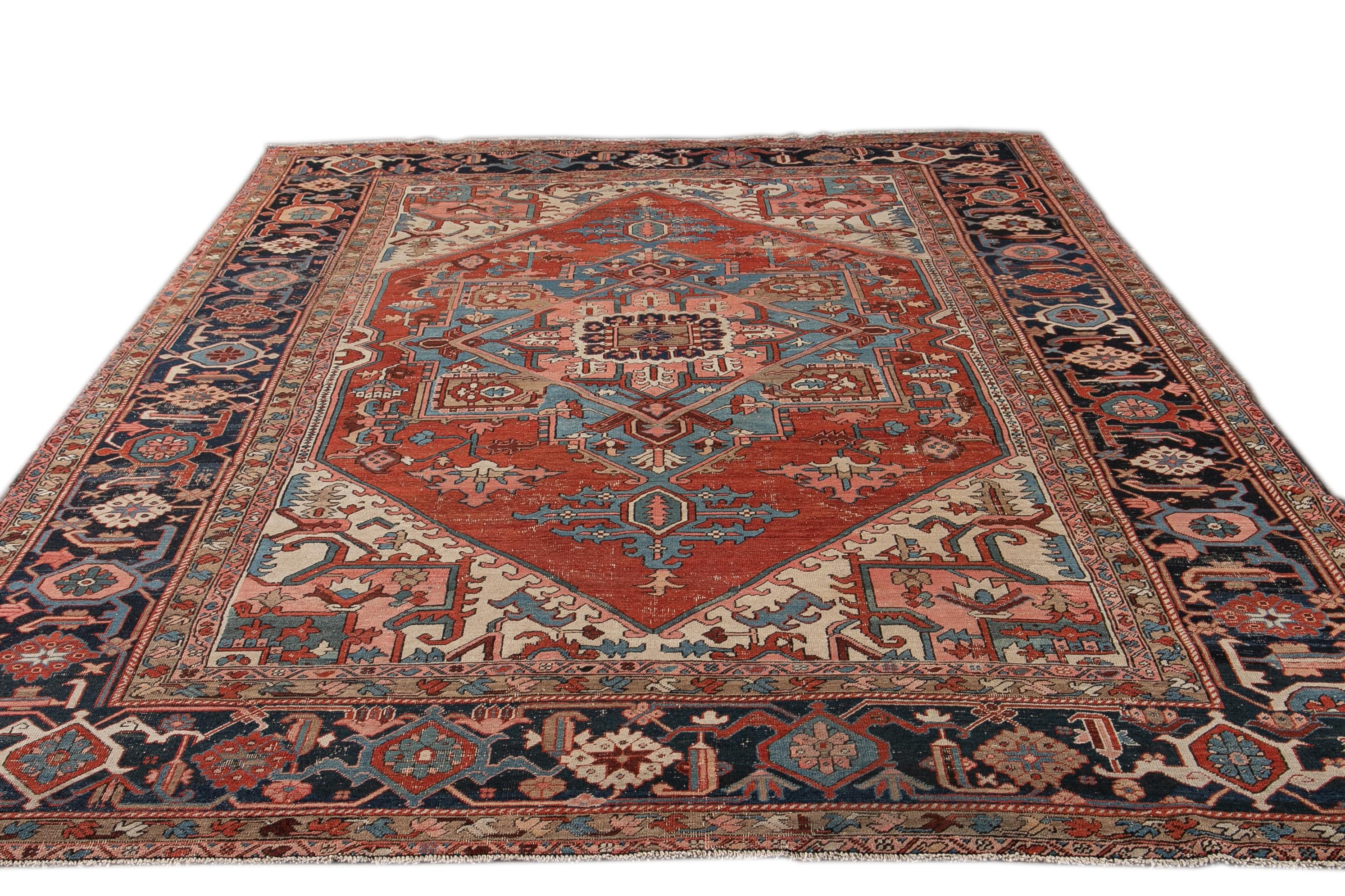 Heriz Serapi Antique Serapi Red Handmade Medallion Floral Wool Rug For Sale