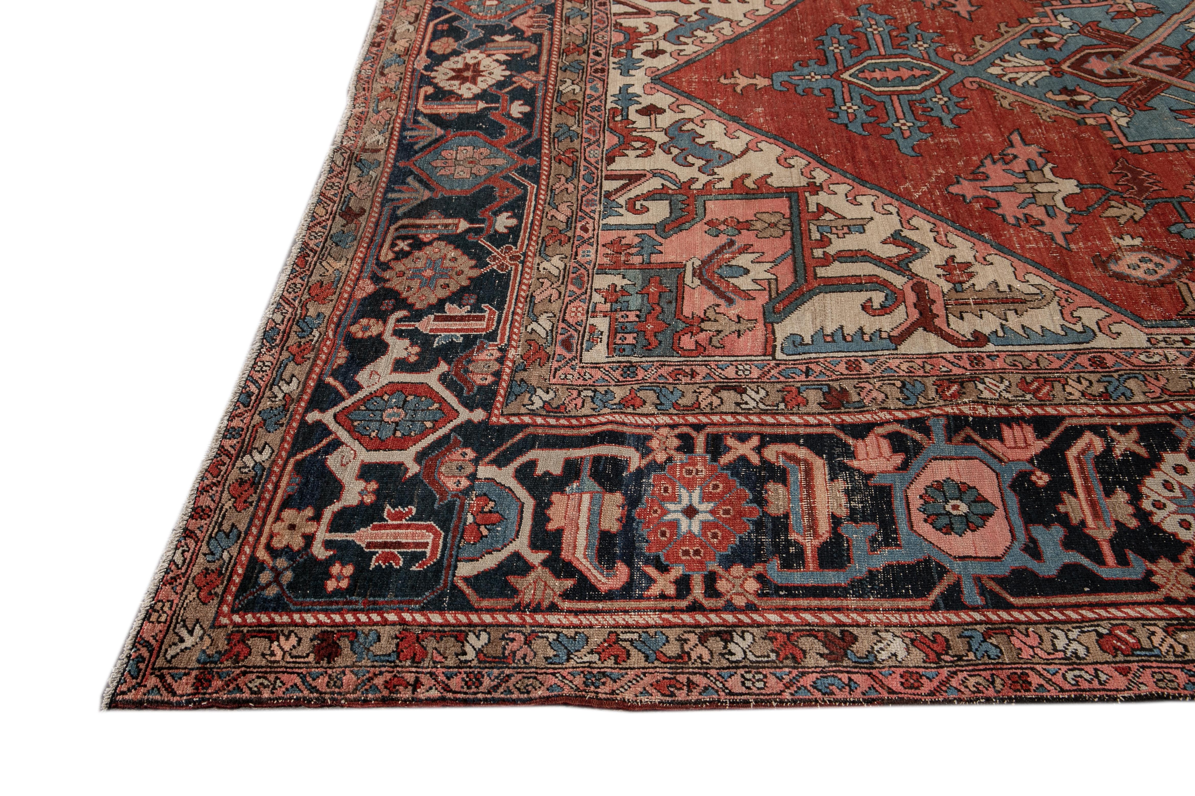 Persian Antique Serapi Red Handmade Medallion Floral Wool Rug For Sale