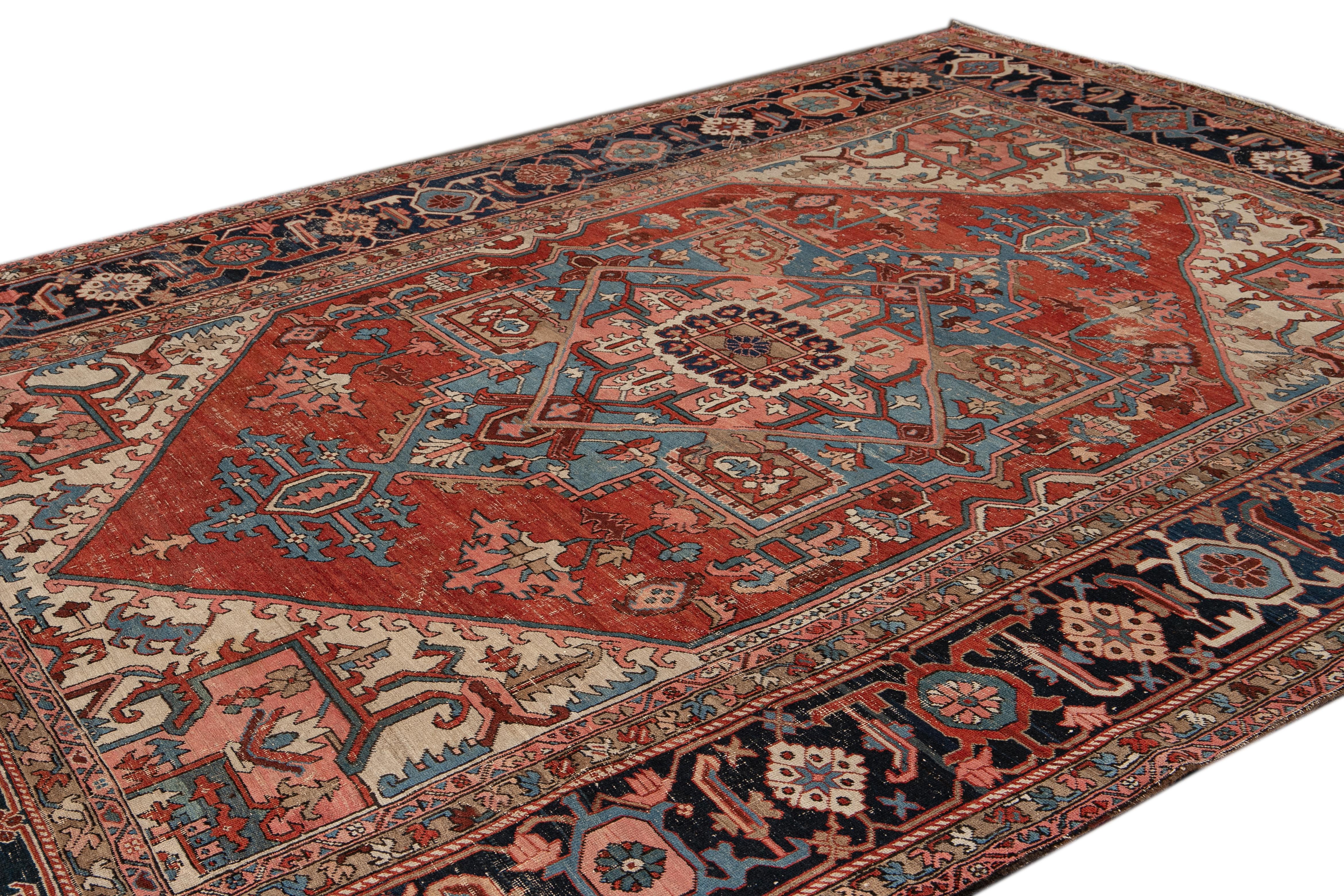 Hand-Knotted Antique Serapi Red Handmade Medallion Floral Wool Rug For Sale