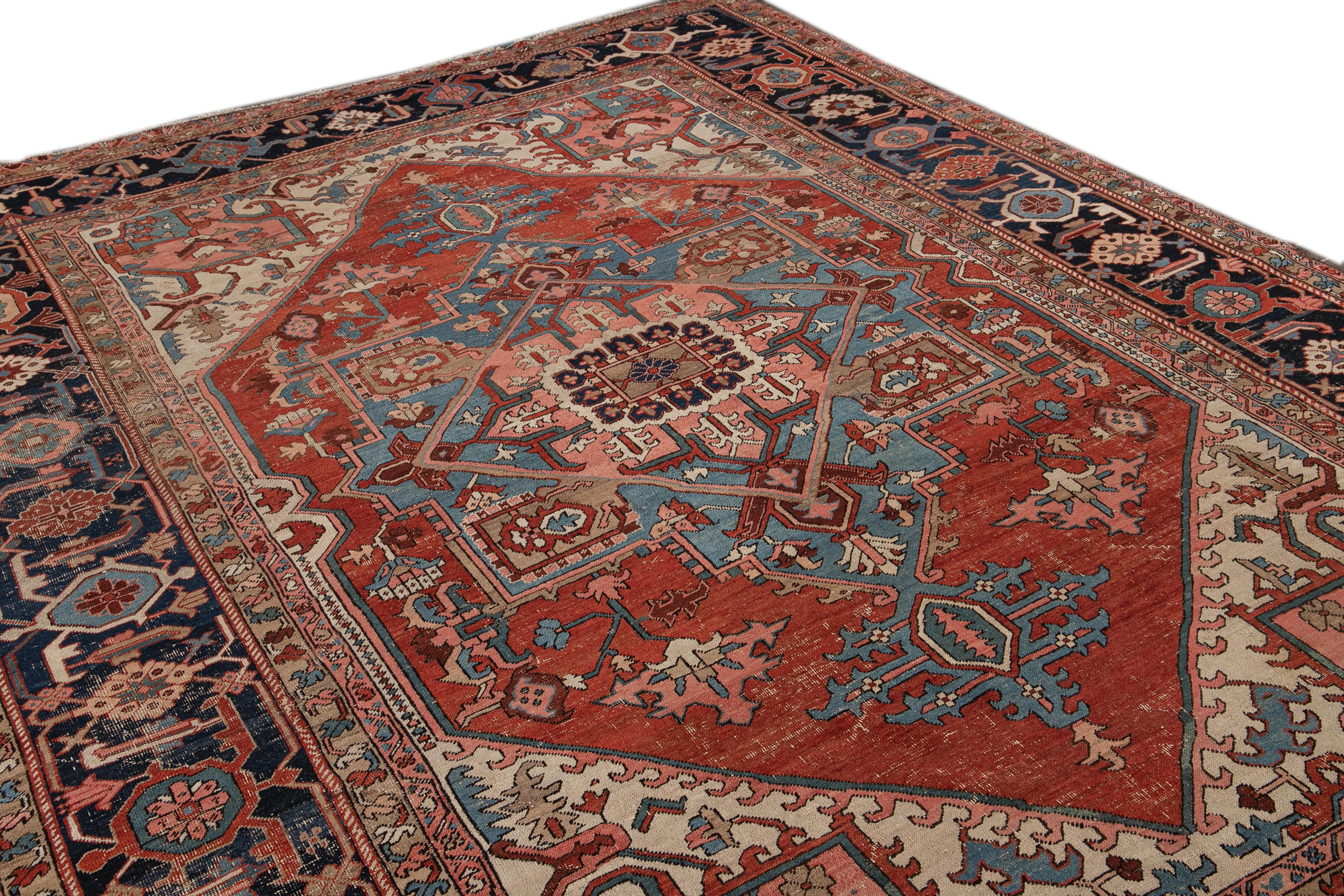 Early 20th Century Antique Serapi Red Handmade Medallion Floral Wool Rug For Sale