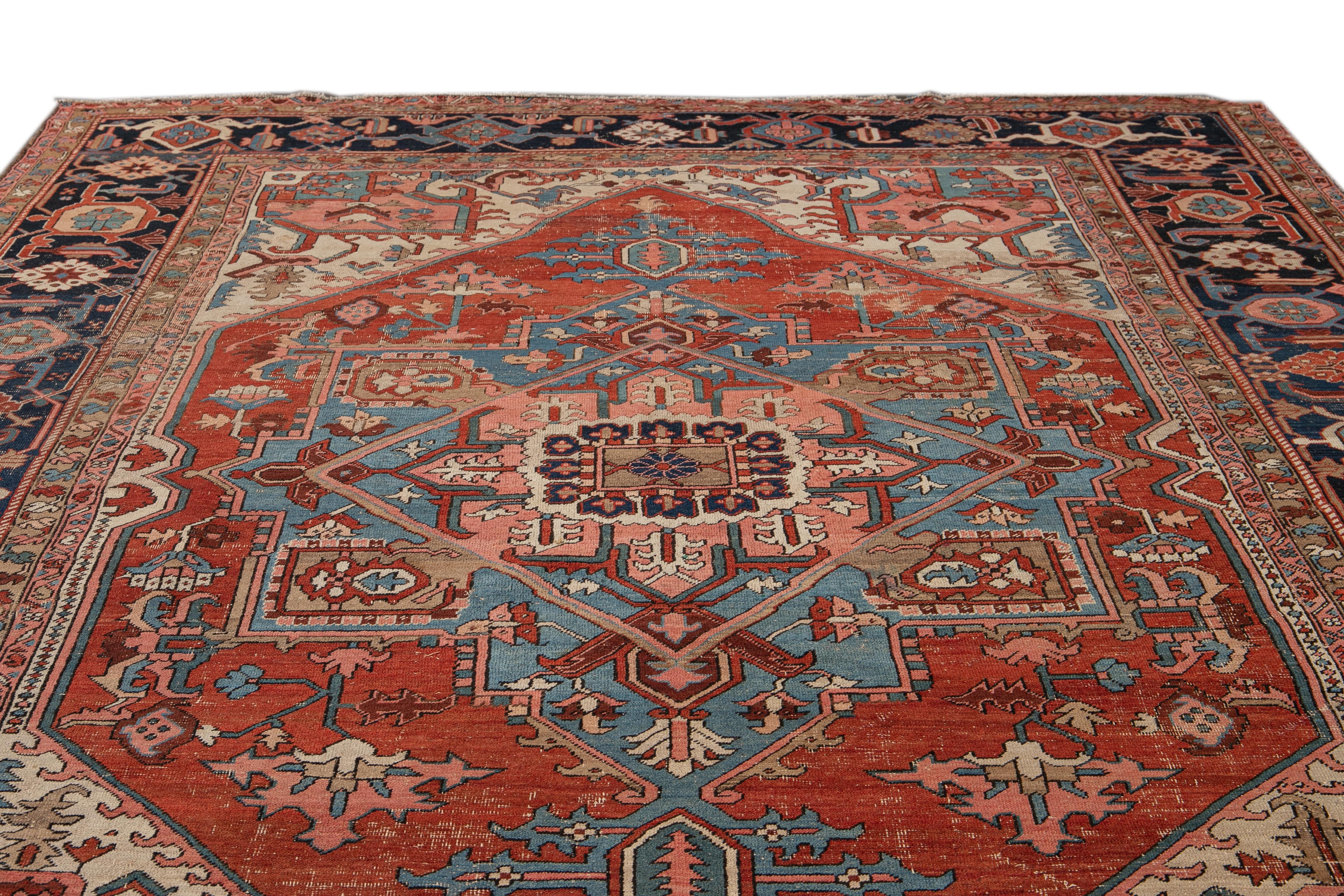 Antique Serapi Red Handmade Medallion Floral Wool Rug For Sale 1