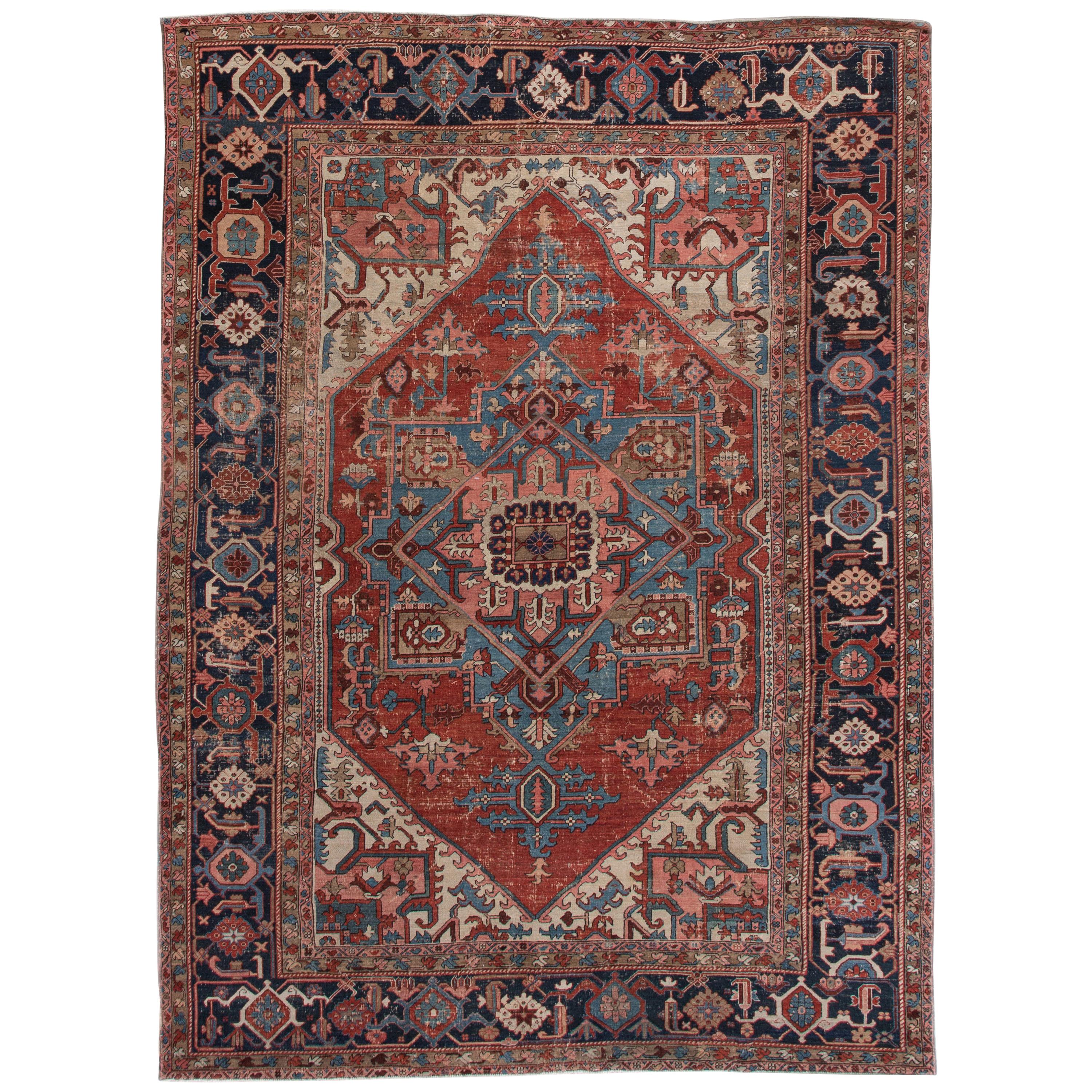 Antique Serapi Red Handmade Medallion Floral Wool Rug For Sale