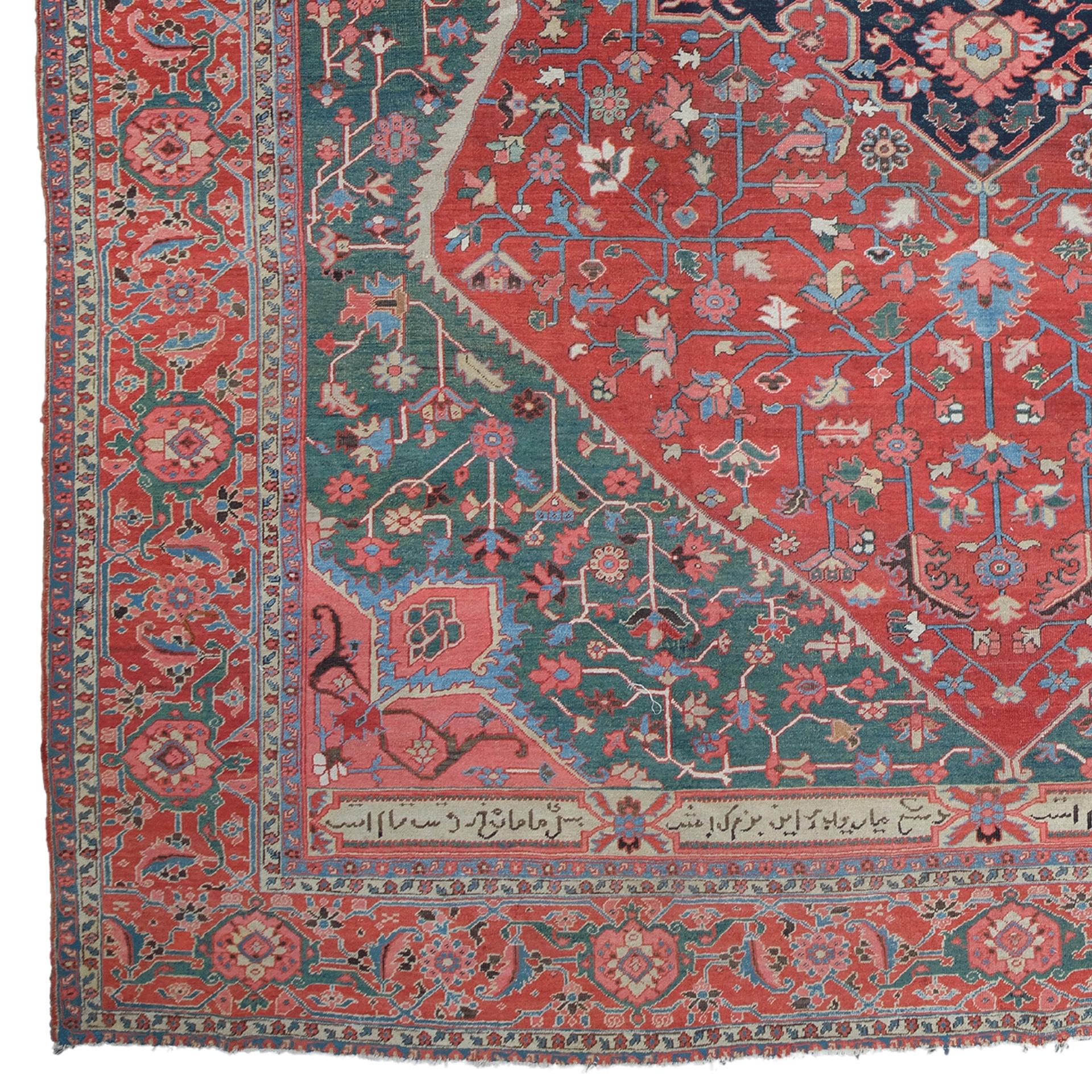 This antique serapi carpet is a magnificent work that will allow you to establish a connection between art and history. This 19th-century rug is hand-woven with precision and care, with each thread telling the story of an era. Its eye-catching color
