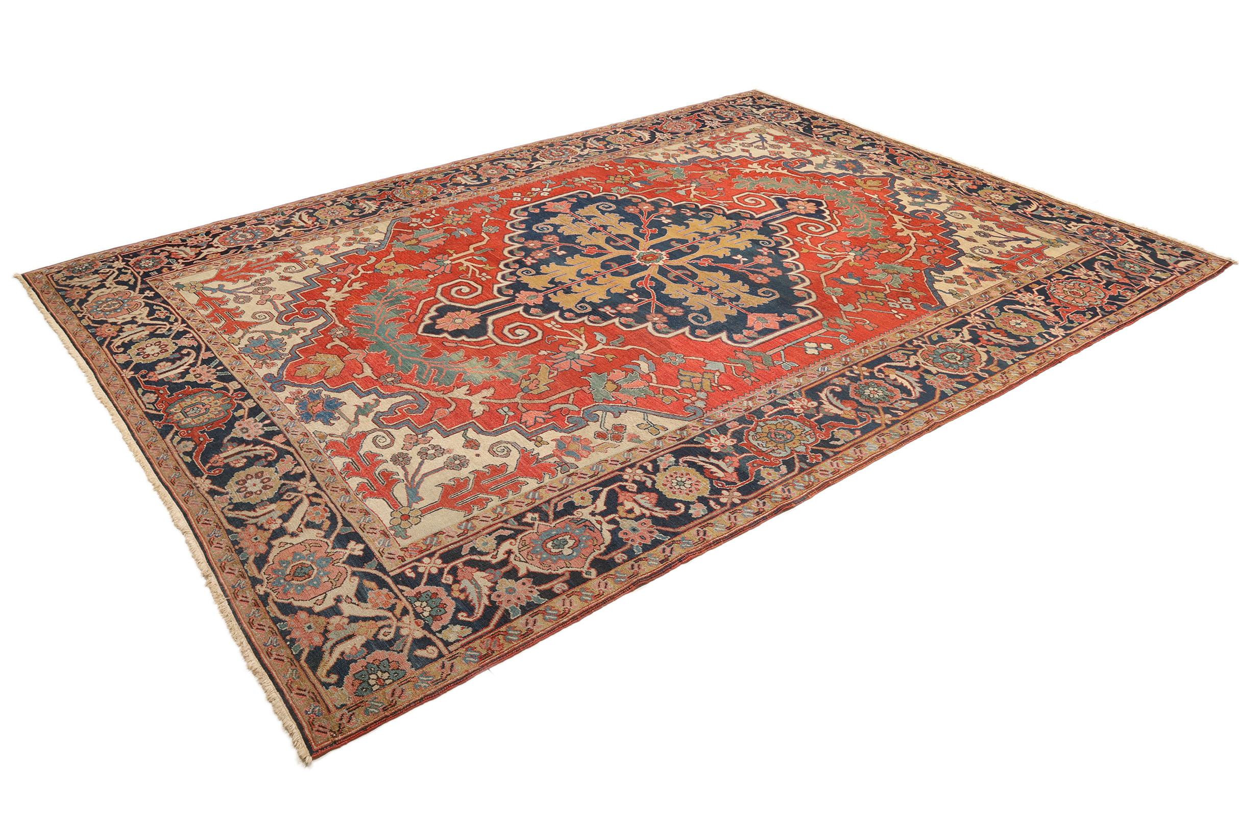 Perse Tapis ancien Serapi (3.9x2.9m, 1900). Détails exquis (noués à la main). en vente