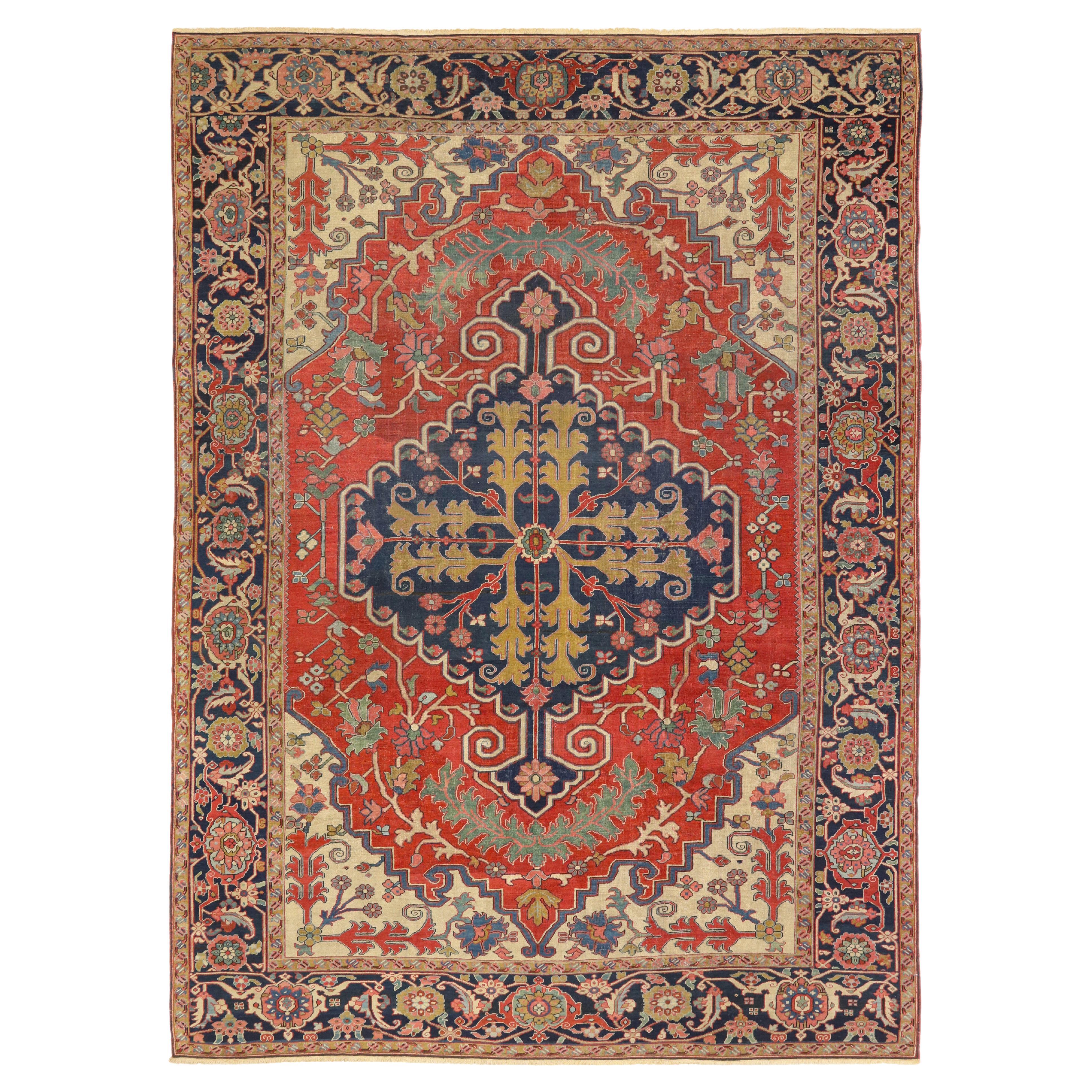 Tapis ancien Serapi (3.9x2.9m, 1900). Détails exquis (noués à la main).